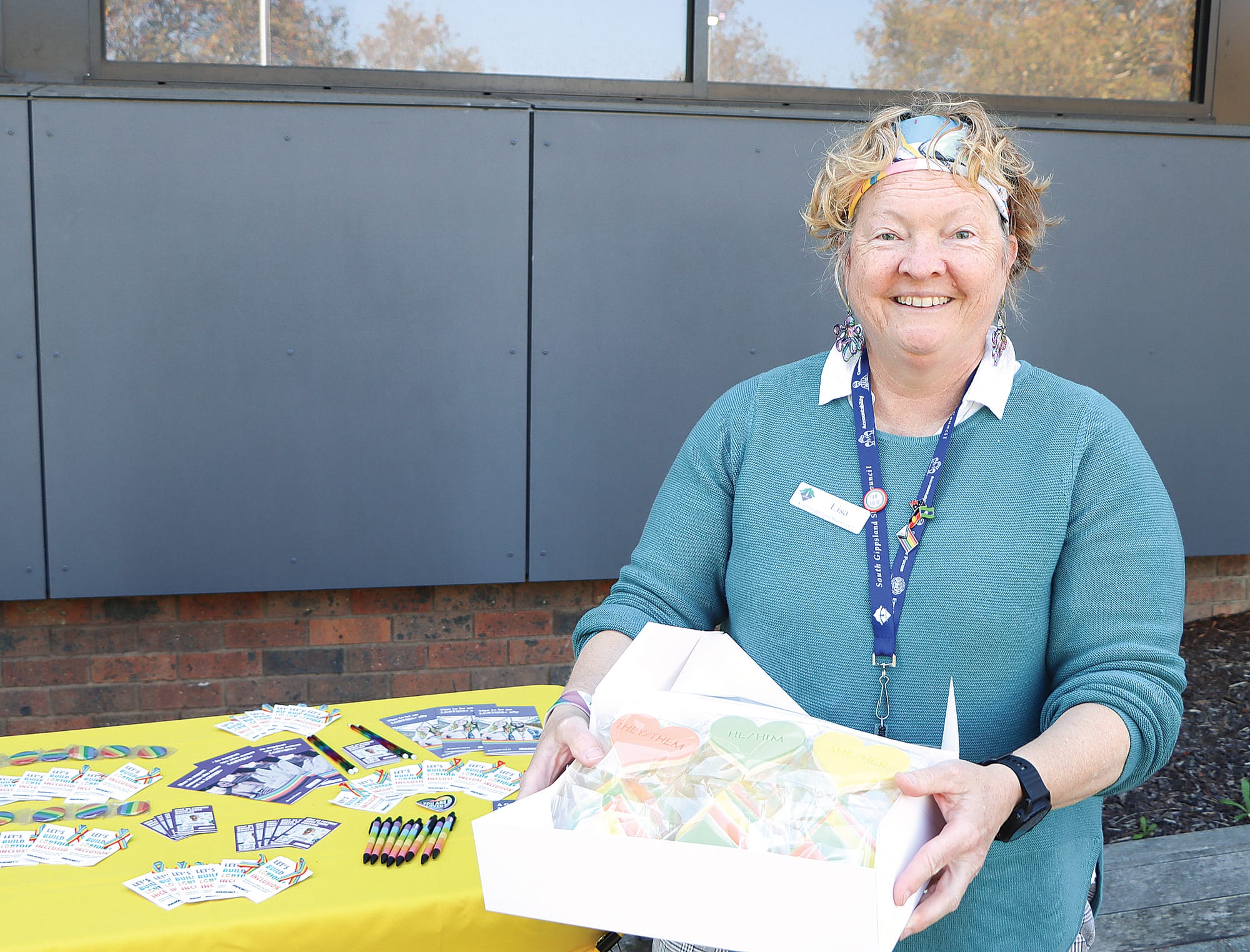 South Gippsland Shire Council’s community development officer Lisa Golding displays pronoun biscuits highlighting the different ways in which people like to be referred to. A09_2025