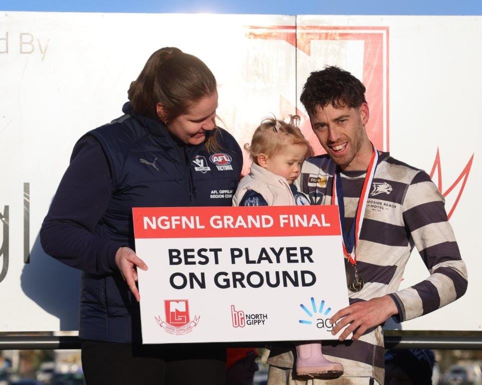 Woodside’s Cameron Whiteoak is awarded best on the ground honours in the North Gippsland Grand Final.