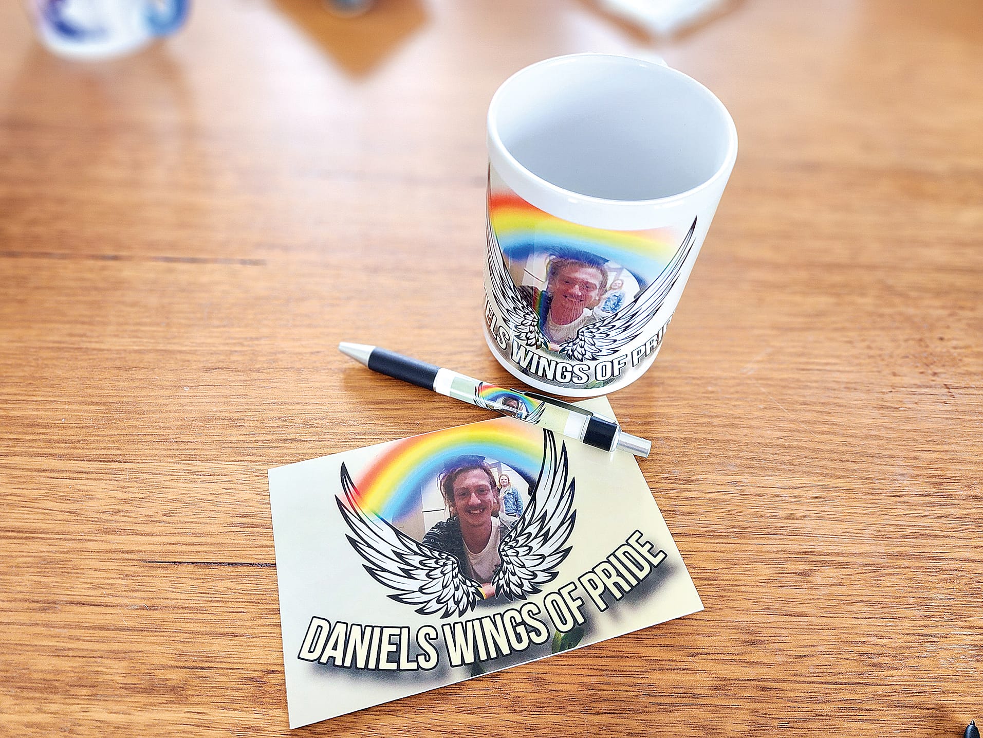 Bumper stickers, pens and mugs are available for purchase through Daniel’s Wings of Pride facebook page.