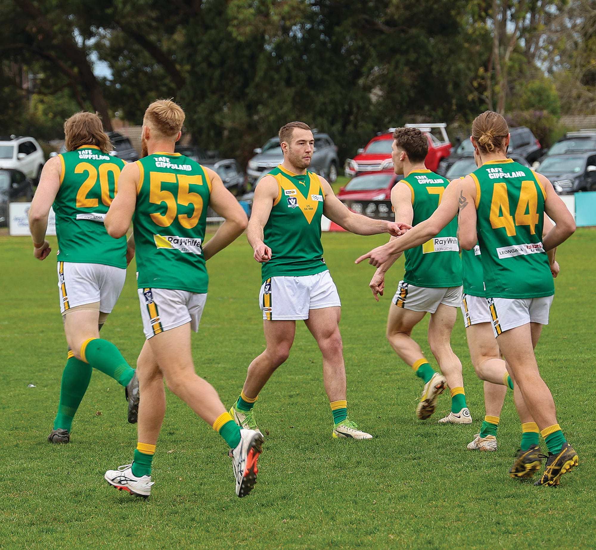 Leongatha’s captain, Tom Marriott takes the field in his 250th game for Leongatha against Sale on Saturday.
