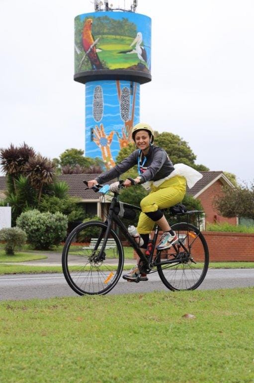 Twenty five murals by world famous mural artist Heesco Khosnaran, including this one high on the Yarram Water Tower provided a backdrop to the arrival by 2000 Great Victorian Bike Riders in town on Friday.