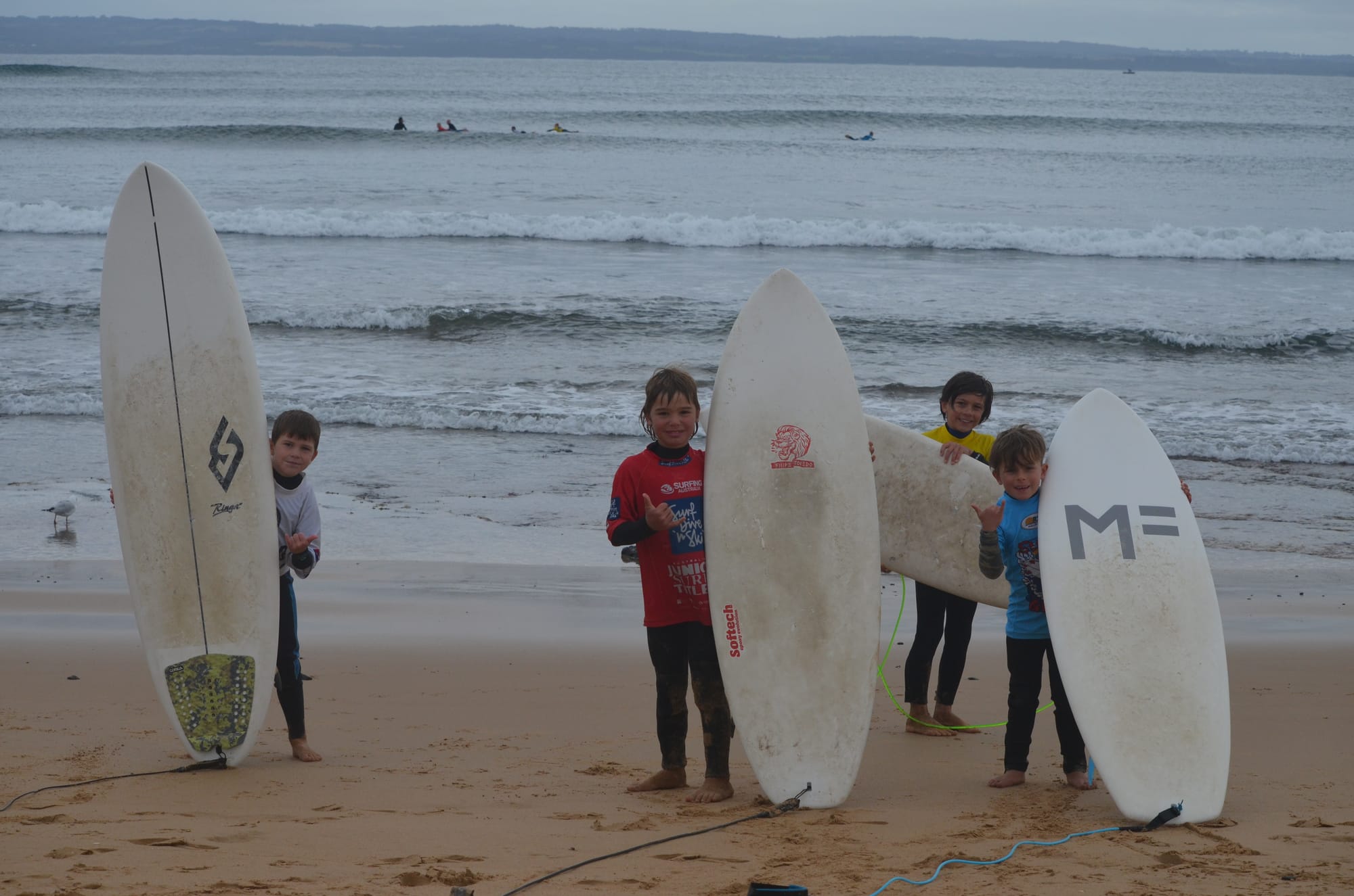 Phillip Island groms Judd Lock, Rusty Maier, Hugo Joyner and Max Dunham. Photo: Deb Leonard