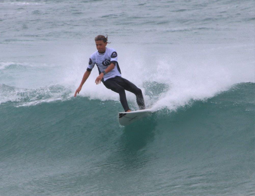 Island surfer Toby Davies drew a pretty tough quarter final heat but found this wave to his liking at Summerland Beach surfing in the state titles on Saturday.