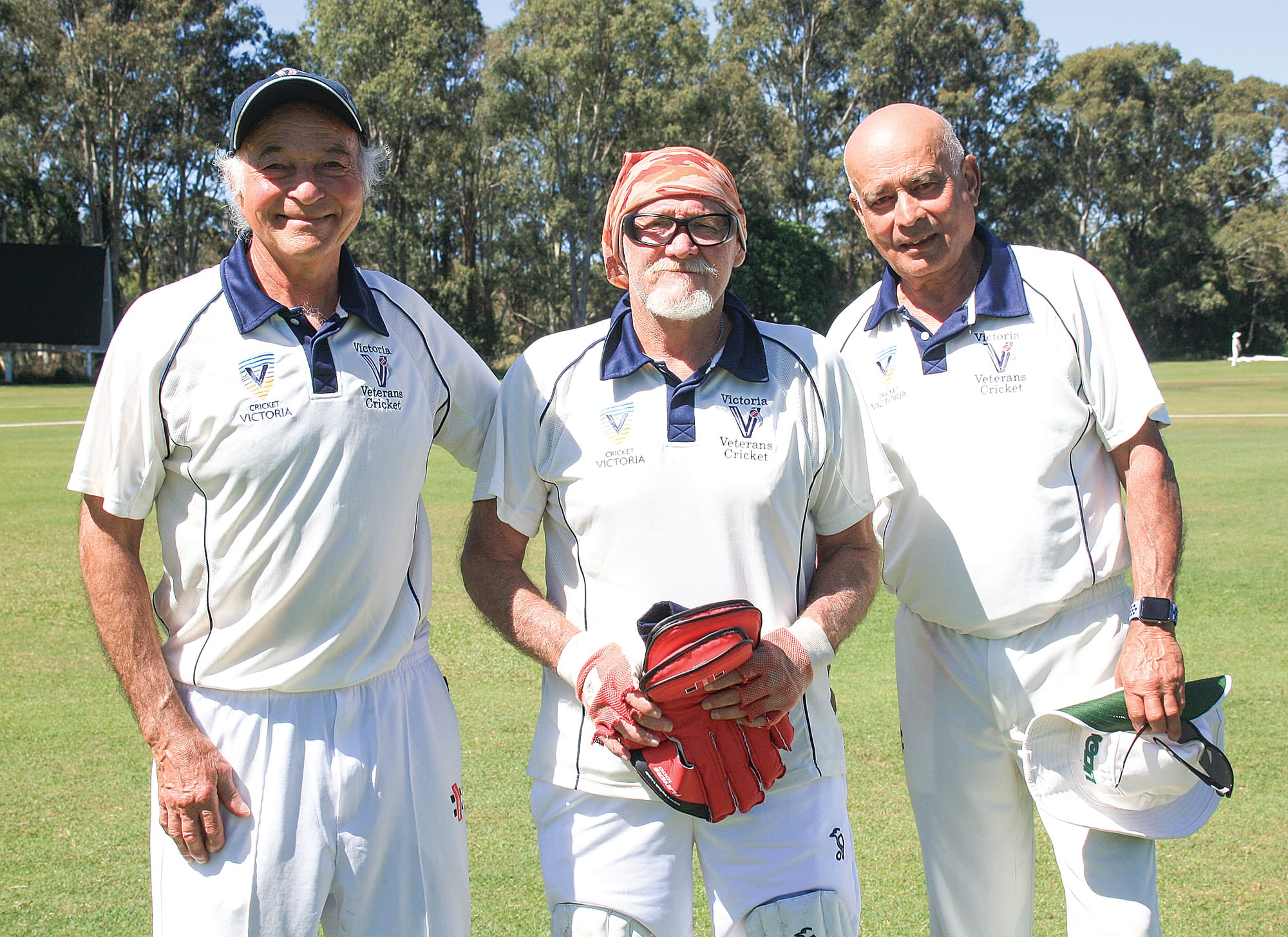Bass Coast locals Carl Muscat, Brian Mitchell and Peter Loos in the Victoria Blue Over 70’s National Cricket Championships on the Sunshine Coast. Z02_3525.