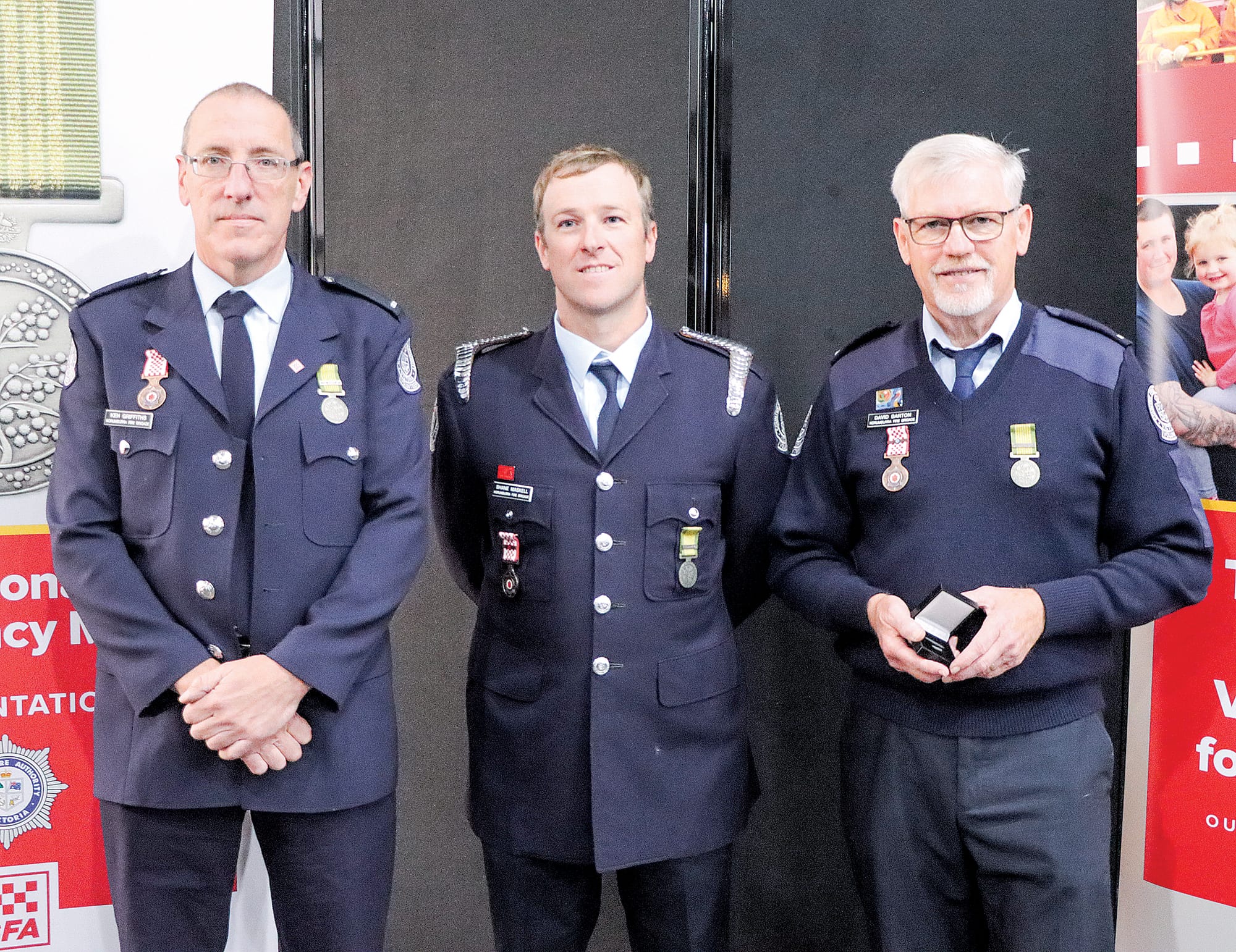 Korumburra Fire Brigade members Ken Griffiths, Shane Maskell (collected medals on behalf of Andrew Shuttleworth and Joe Sheppard) and David Barton. A25_1623
