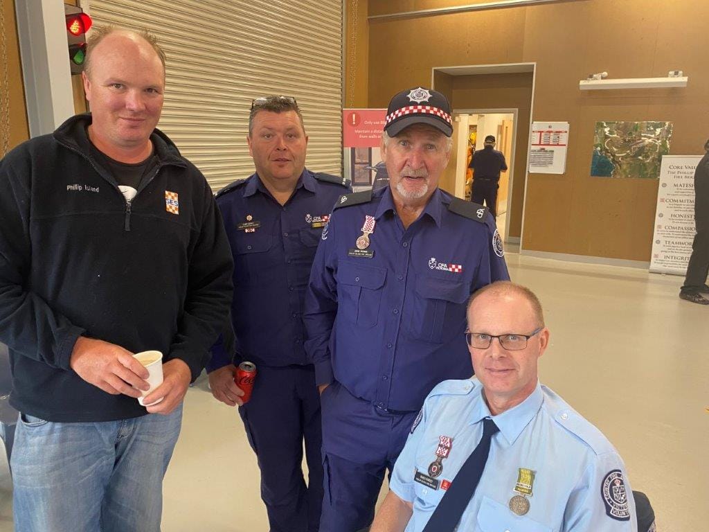 The opening of the Phillip Island Fire Station was supported by the other services including David McFee of the SES with former Phillip Island Captain Gary Grace, and fire fighters John Pitman and Simon Hartley.