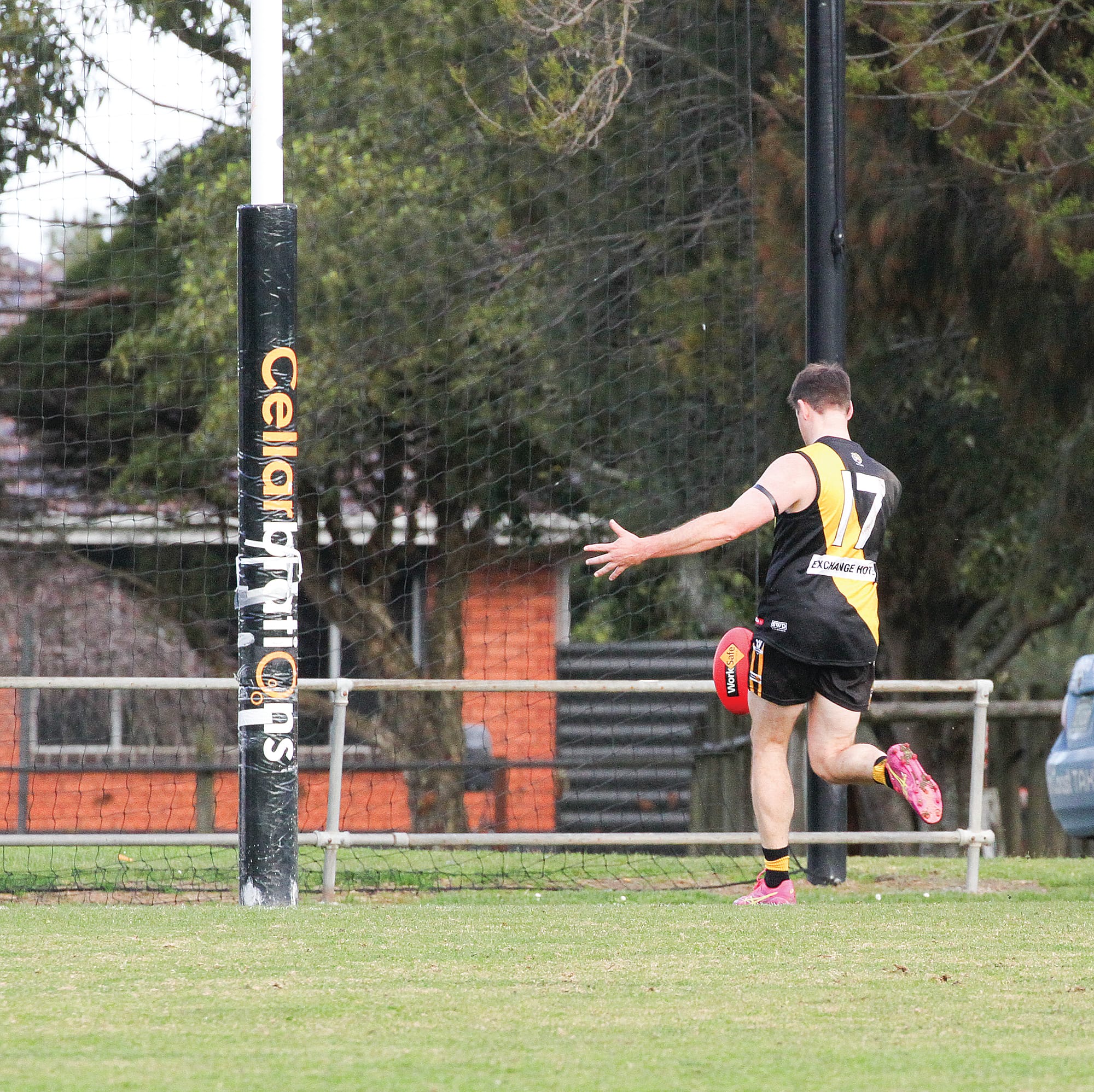Foster’s Jake Best kicks into an open goal against a depleted Morwell East senior’s line-up at the Foster Showgrounds. B105_3125