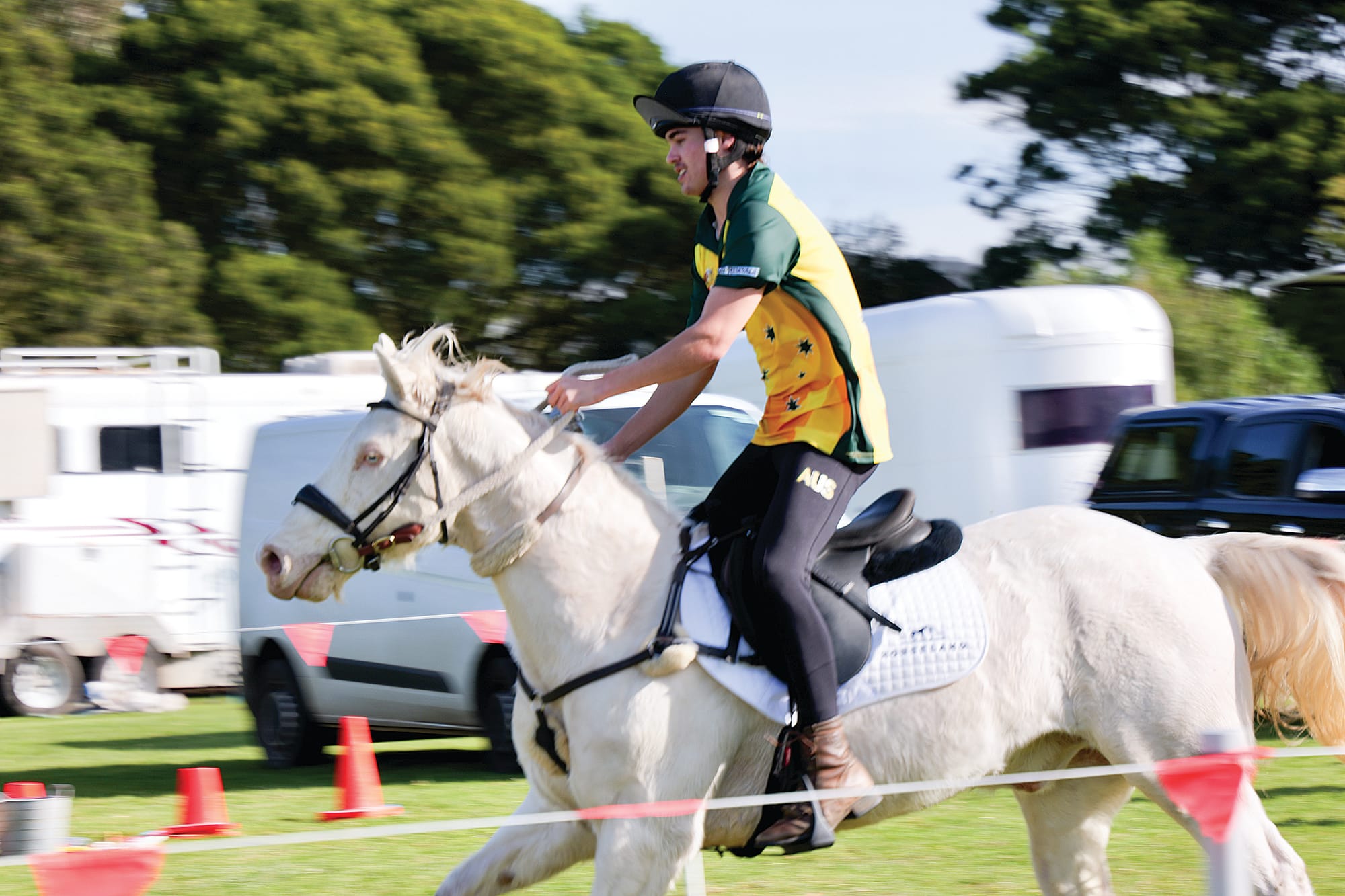Year 12 Newhaven College student and the Australian Representative at the World Mounted Games Championships in Paris is Gabe Smith, participating in the demonstration at Newhaven College on Friday.