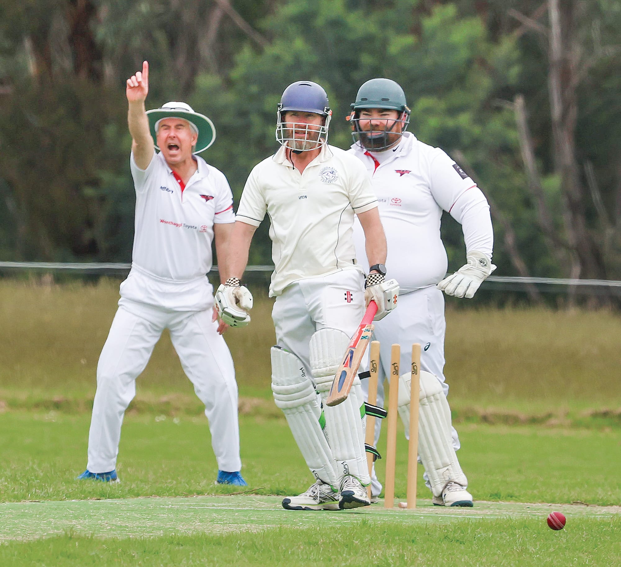 Up they go, appealing vociferously on the hattrick ball bowled by Inverloch’s Wayne Chapman to Callan Reilly.