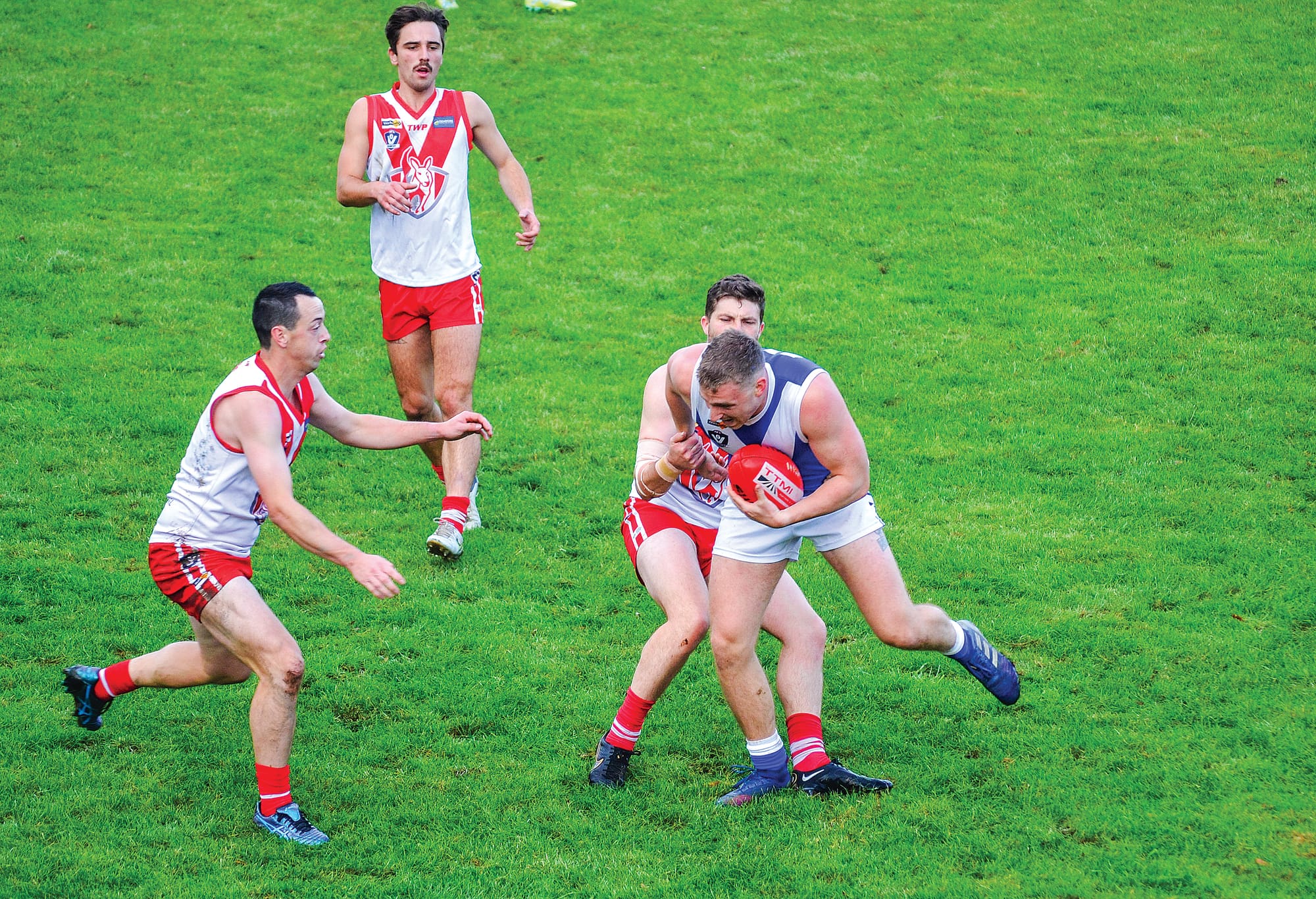 Jordan Shaw lays the perfect tackle on his Thorpdale opponent Daniel Holt.