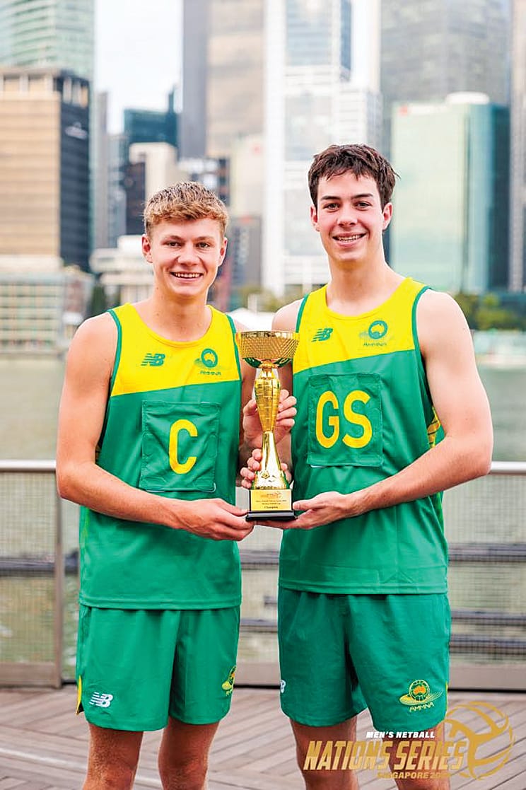 Zac Mabilia and Toby Fountain with the Merlion Cup. Australia competed against Fiji for the Cup in the grand final of the Men’s Netball Nation Series but ultimately lost by one goal on the final buzzer.