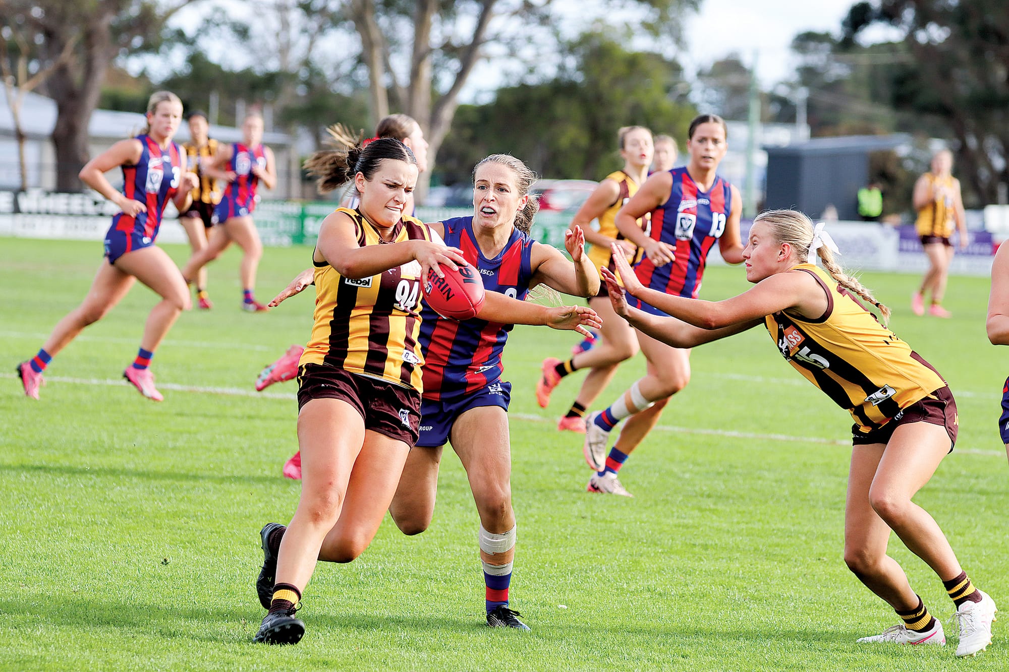 Box Hill’s Tess Cattle gets set to kick under pressure. A46_1725