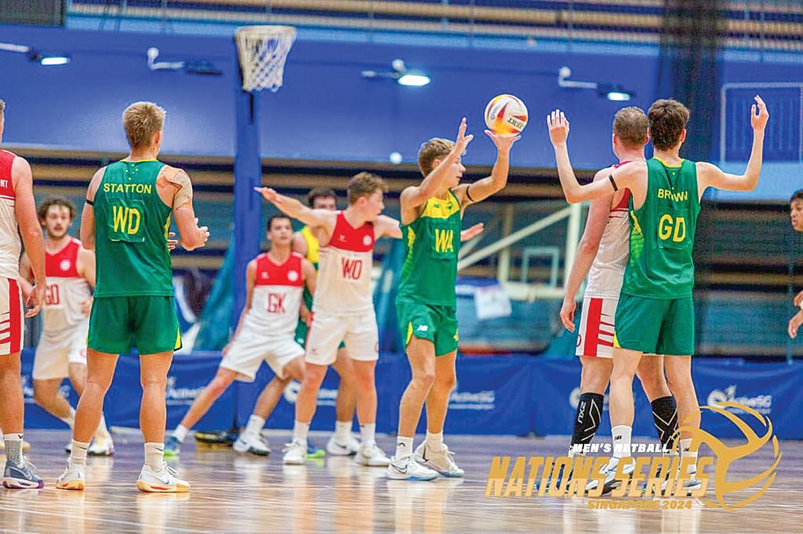 Zac Mabilia donned a wing attack bib to compete against England in the Men’s Netball Nation Series. Australia won the game 81 to 27.