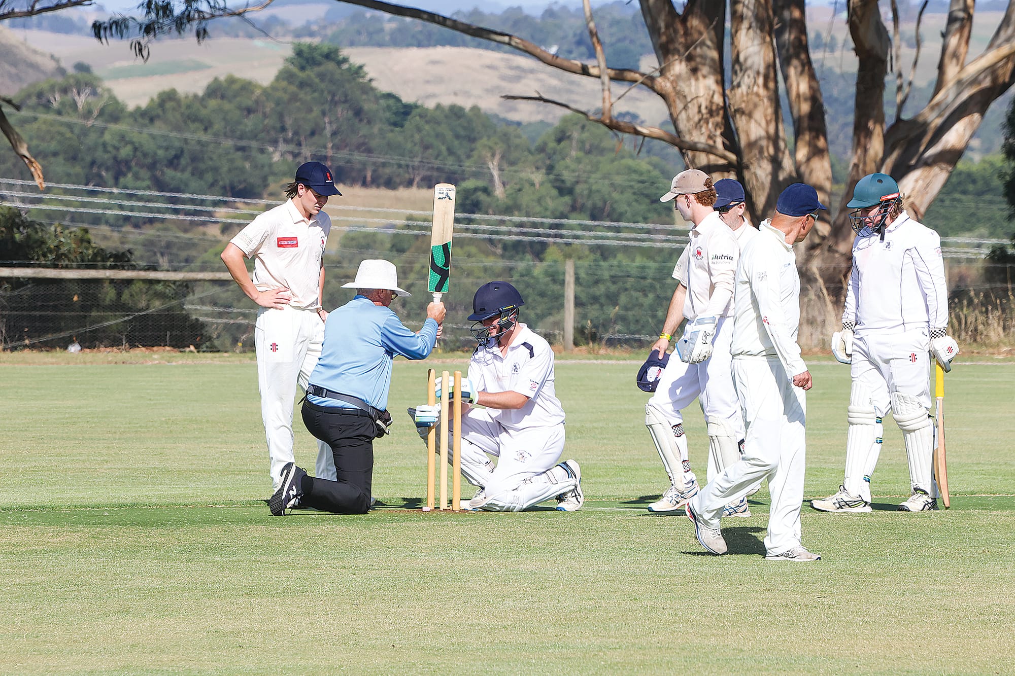 Umpire in B Grade Division 1 match between Imperials and Phillip Island Geoff Birnie had to call for his trusty mallet when the old cricket bat method didn’t work.