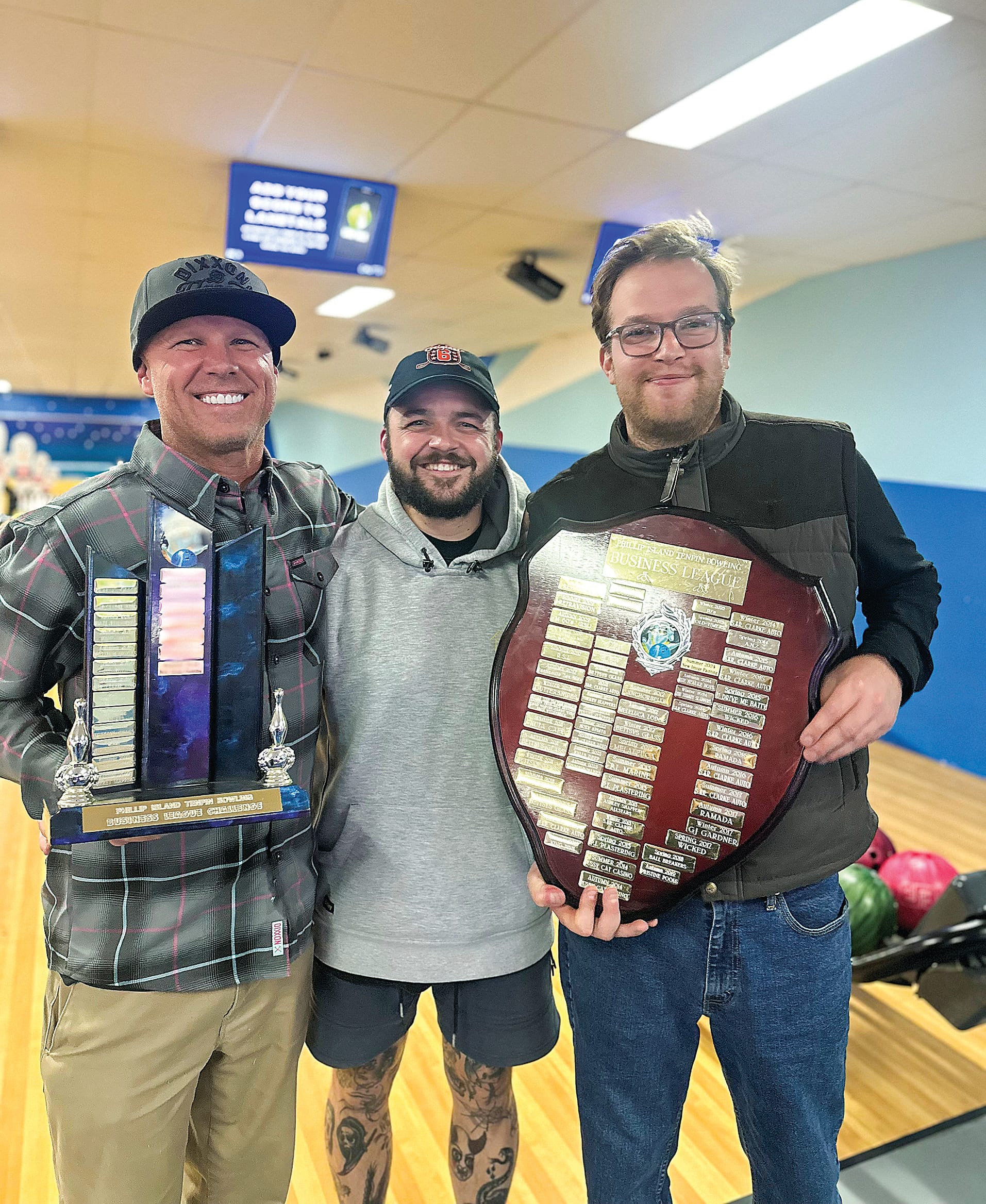 The Phillip Island Tenpin Business League champions were the Squeezers – Brett Burrows, Ben O’Brien, and Riley Weinzierl. 