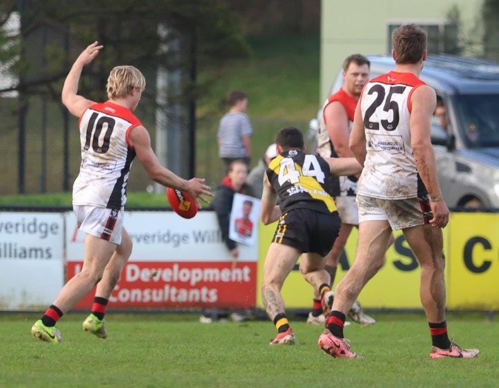 Warragul’s Lucas Carter drives the ball forward to where Jed Lamb had the chance to even up the scores late.