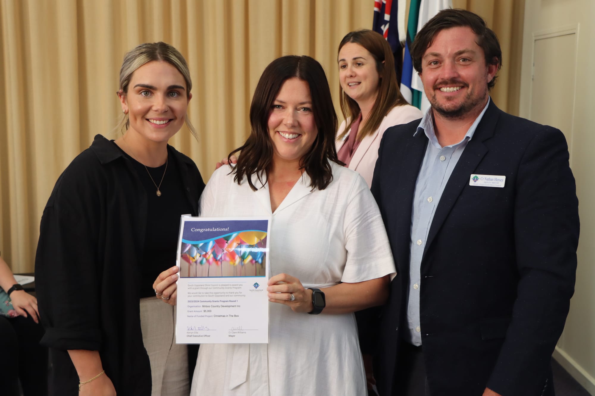 Jessie Holland and Stacey Harriage of Mirboo Country Development with Cr Nathan Hersey.