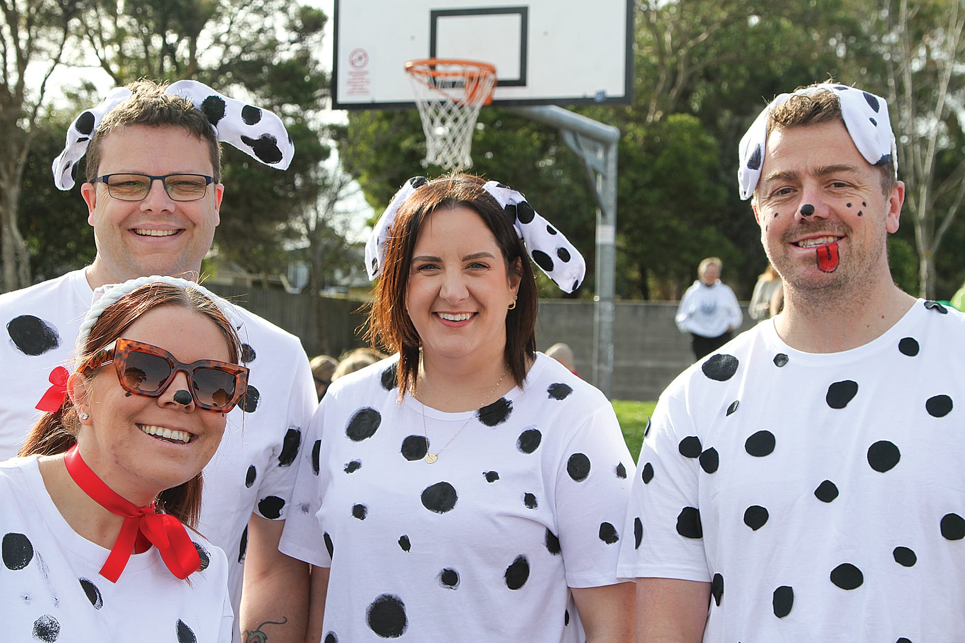 Teachers Sammy, Matt, Delta and Jake dressed as One Hundred and One Dalmatians for Book Week at Inverloch PS.