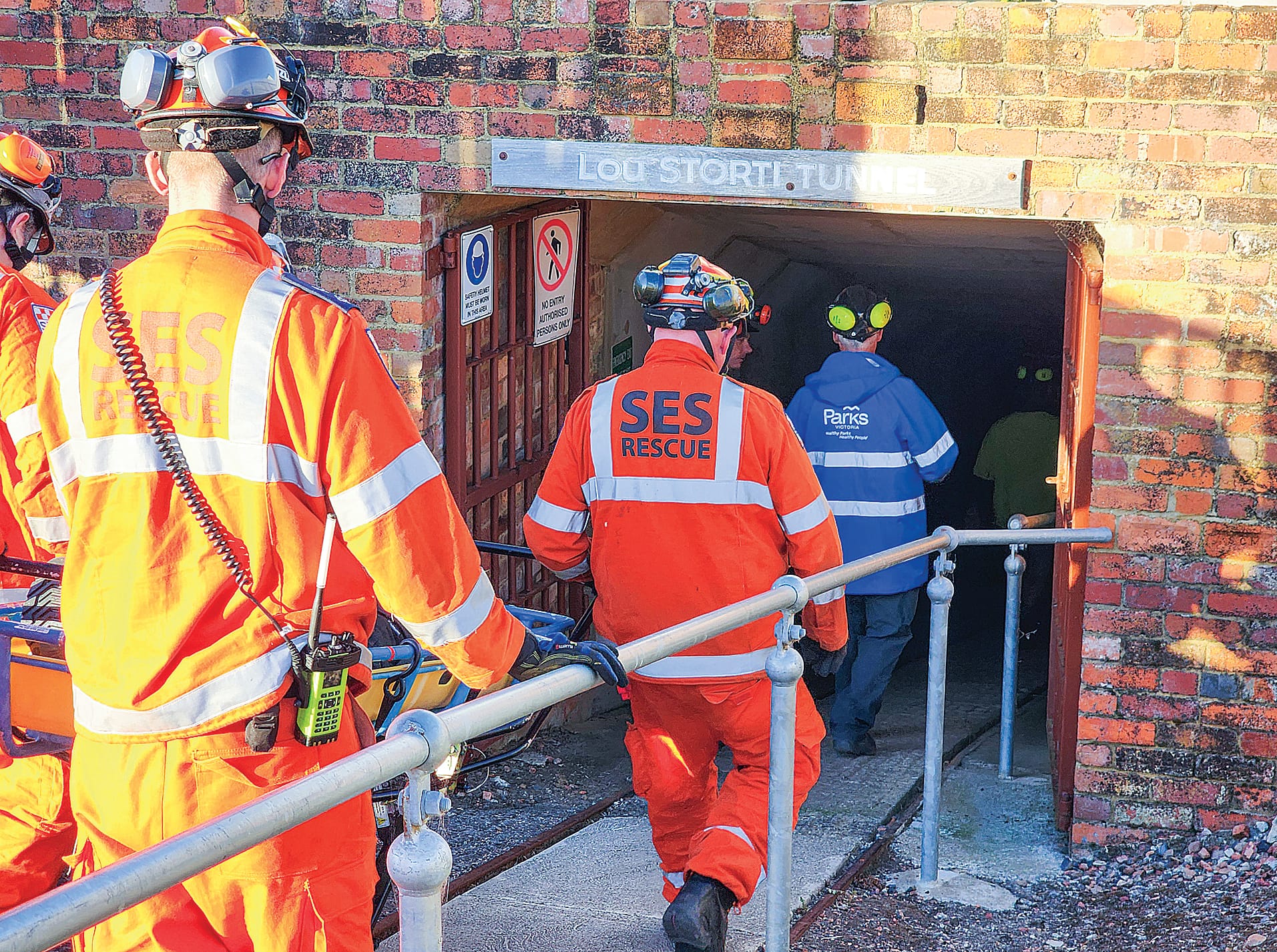 Parks Victoria staff and Wonthaggi SES members head underground for a familiarisation exercise ahead of the scenarios. C10_1424