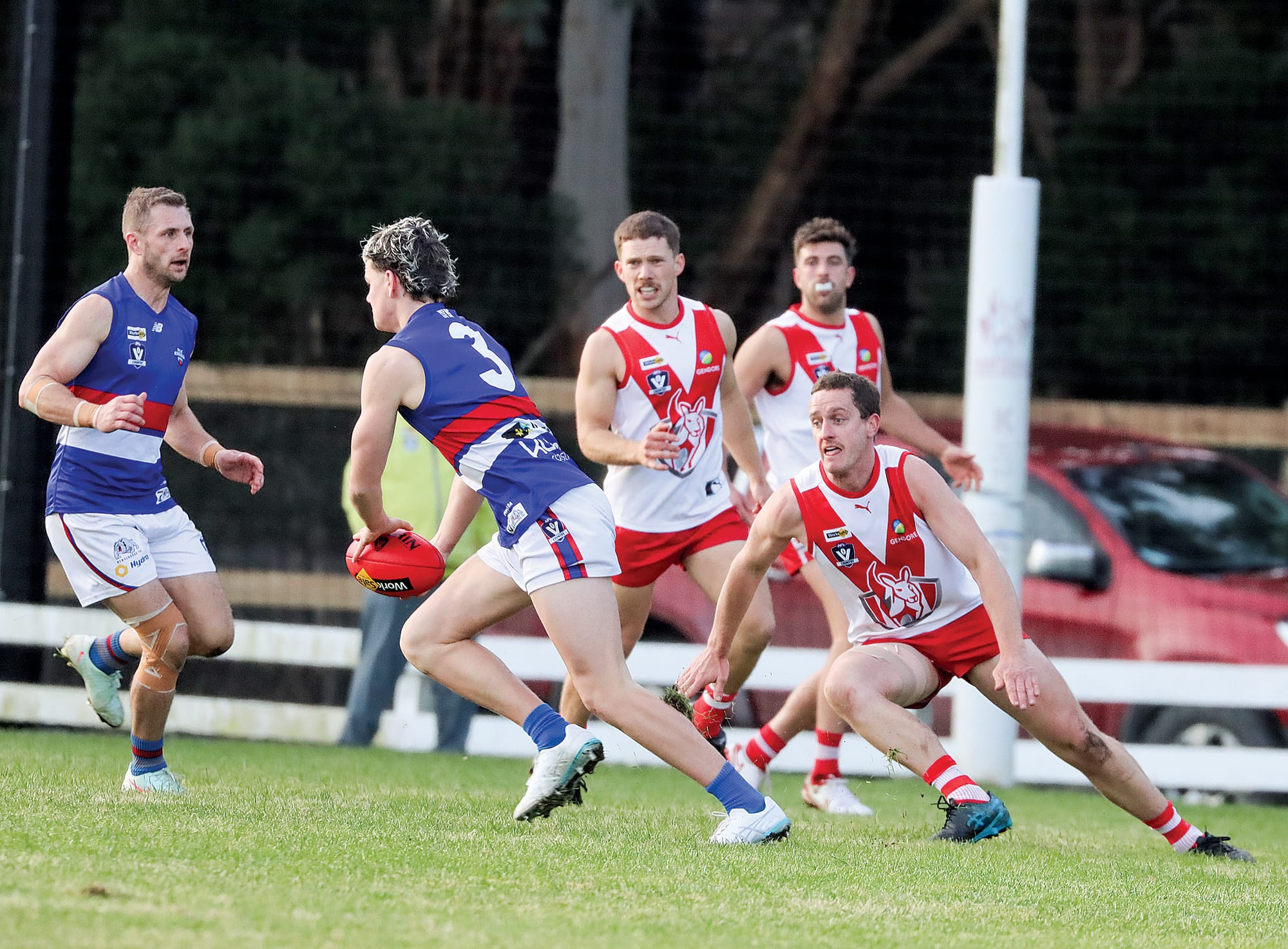 Harrison Gallagher dashes clear for Newborough, being the beaten side’s best player and booting three majors, half the Bulldogs’ goal tally. A24_2425
