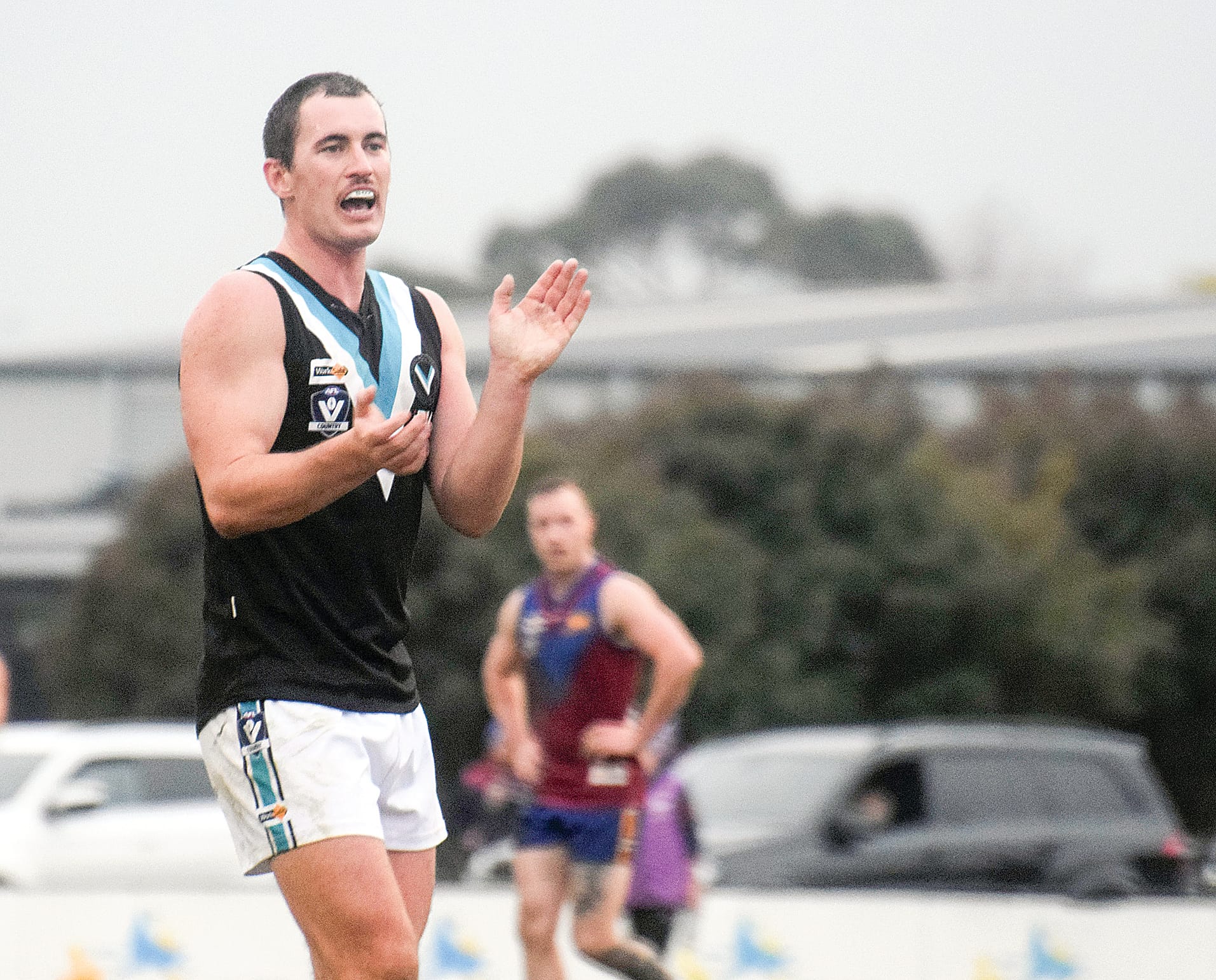Troy Harley celebrates a late Wonthaggi goal. Photo: Liam Durkin.