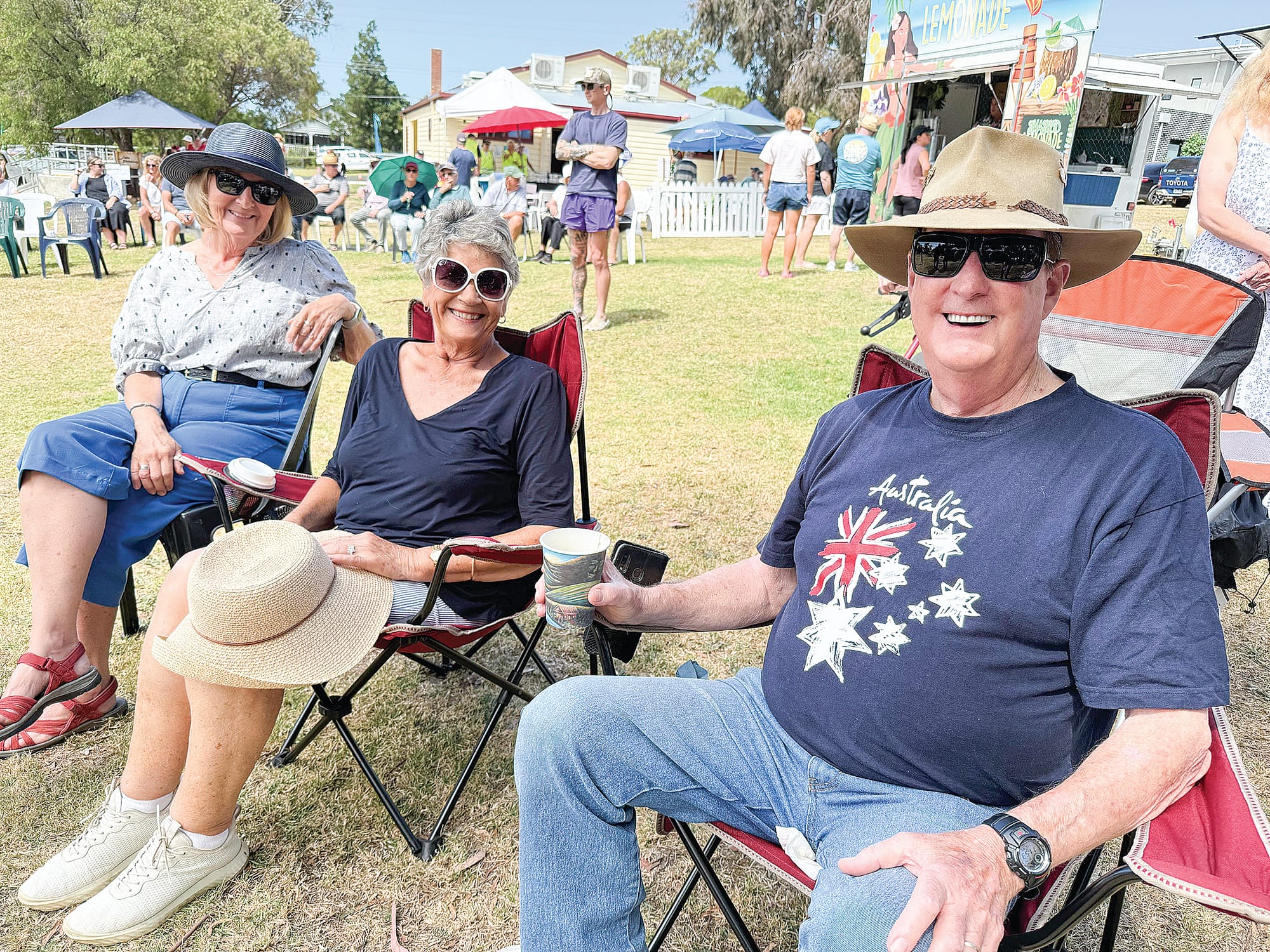 There was no mistaking Robert Pascoe’s support for the Australia Day event at Rhyll on Sunday, enjoying the music by band Split Shot with Christine Pascoe and Pam Phillips.
