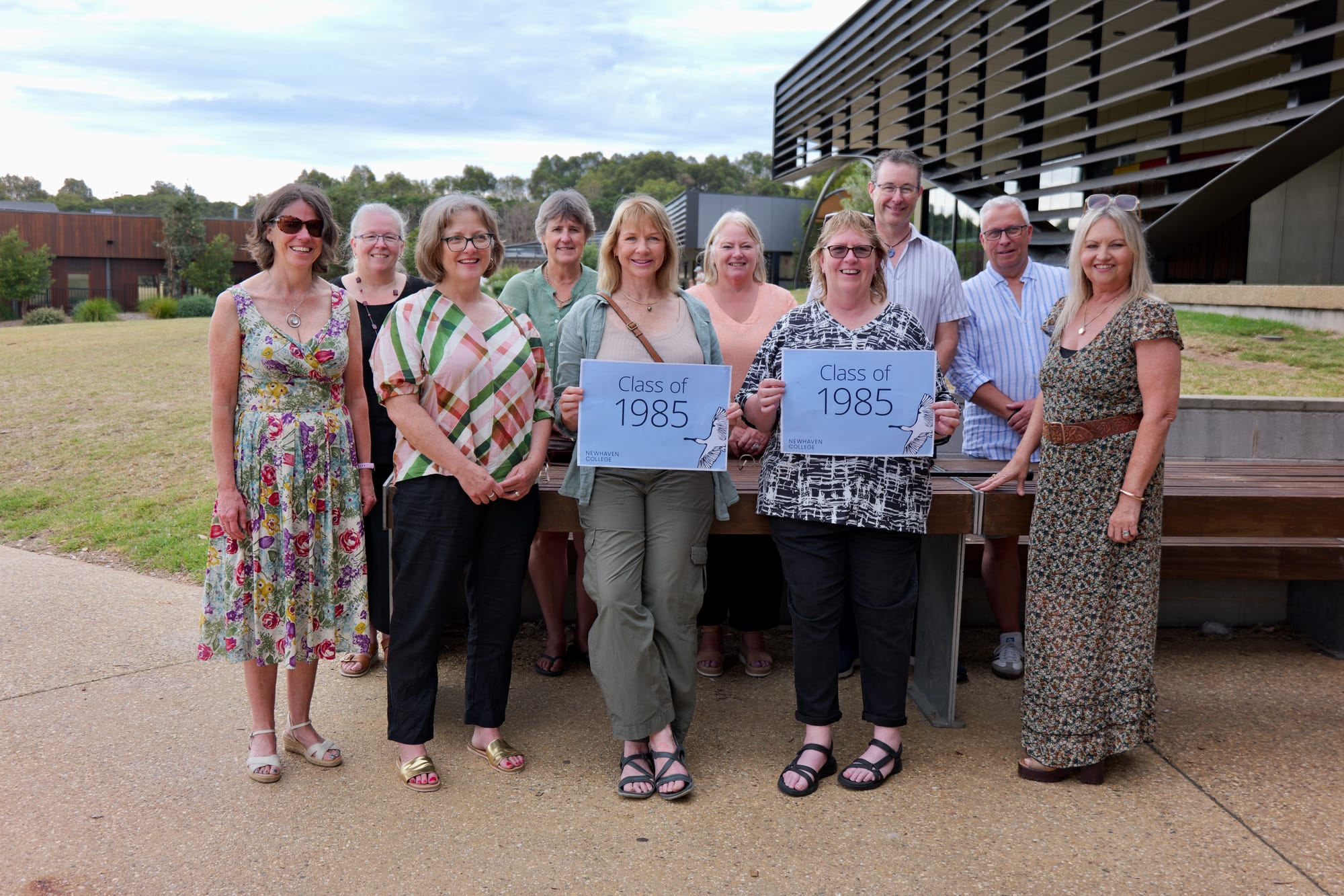 In 1985 16 students graduated from Newhaven College and 40 years on, 10 of those students returned to reconnect, reminisce, and share memories of their school days. Back Row: Carol Olsen, Lisa Huitson, Tresna Cuttriss, Robert Gresham, Darren Ayling
Front Row: Jacqui Zuidema, Mikaela Power, Anita Dikkenberg, Cheryl Dowson, and Ellen Cheeseman.