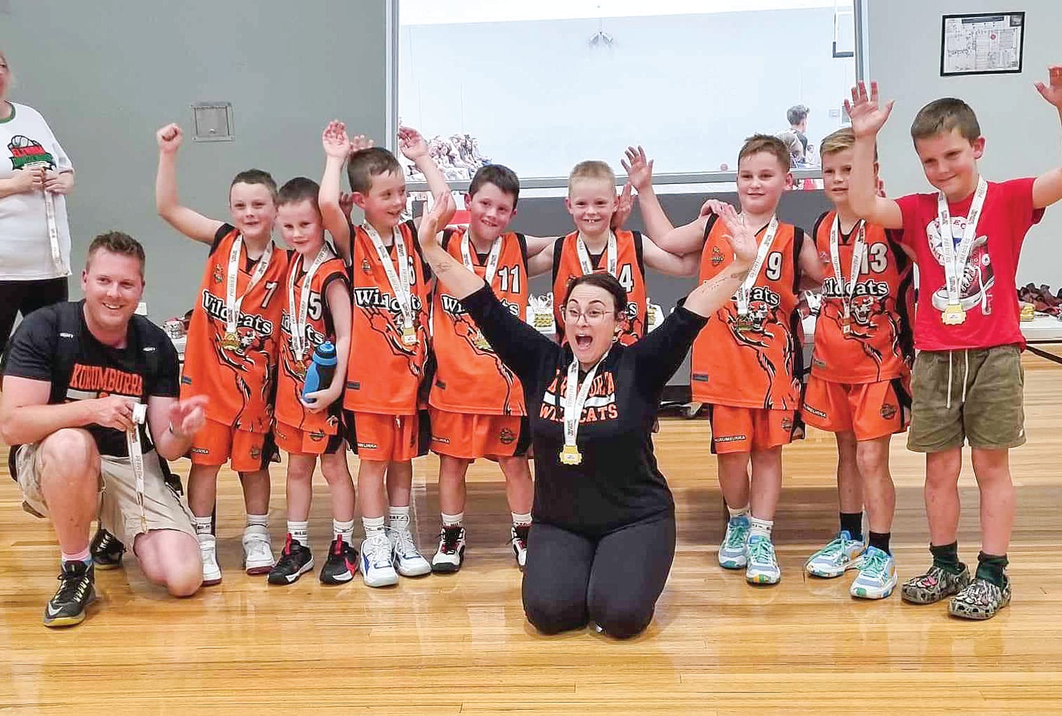 Korumburra’s Under 10 boys celebrate their grand final win.