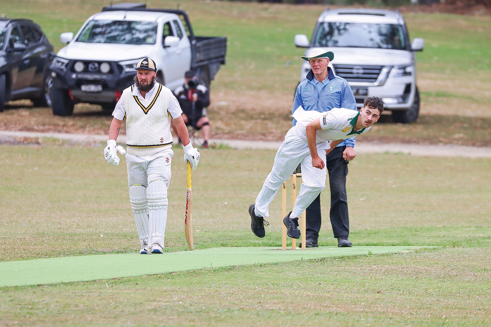 Levi Hickey follows through after a delivery to Foster in the B2 Grand Final, capturing 2/26 in 11 overs. A45_1325