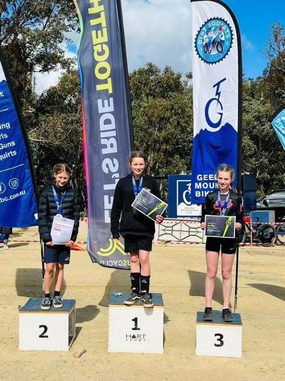 Newhaven College’s Isabella Lynch, right, placed in her event at the MTB interschools event at the You Yangs.