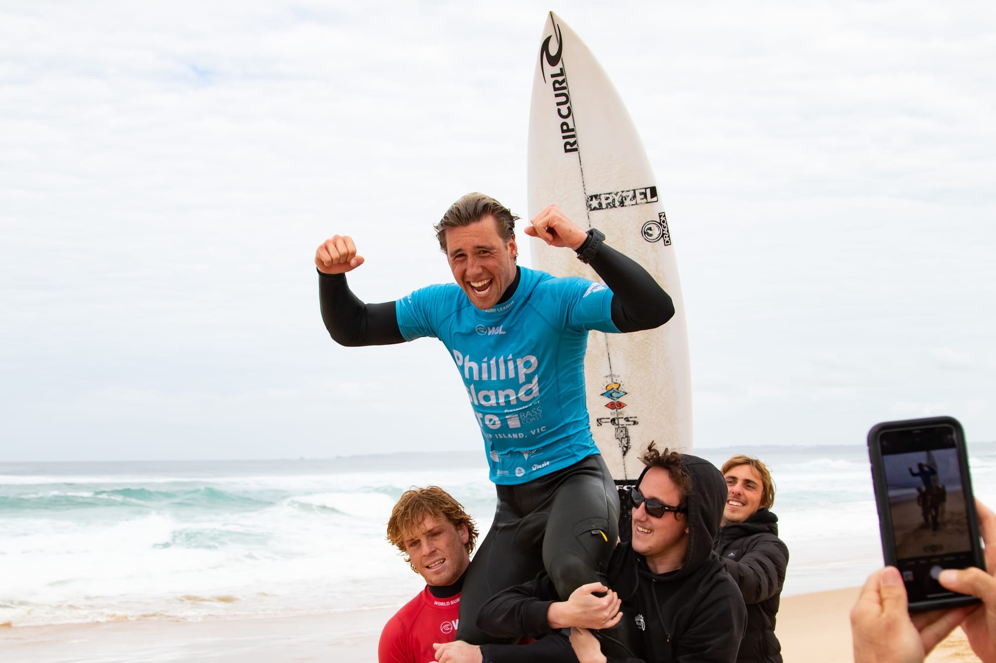 Tully Wylie of Bells Beach is chaired off in traditional fashion after his win in the Phillip Island Pro on Saturday. Images courtesy of Liam Robertson Surfing Victoria.