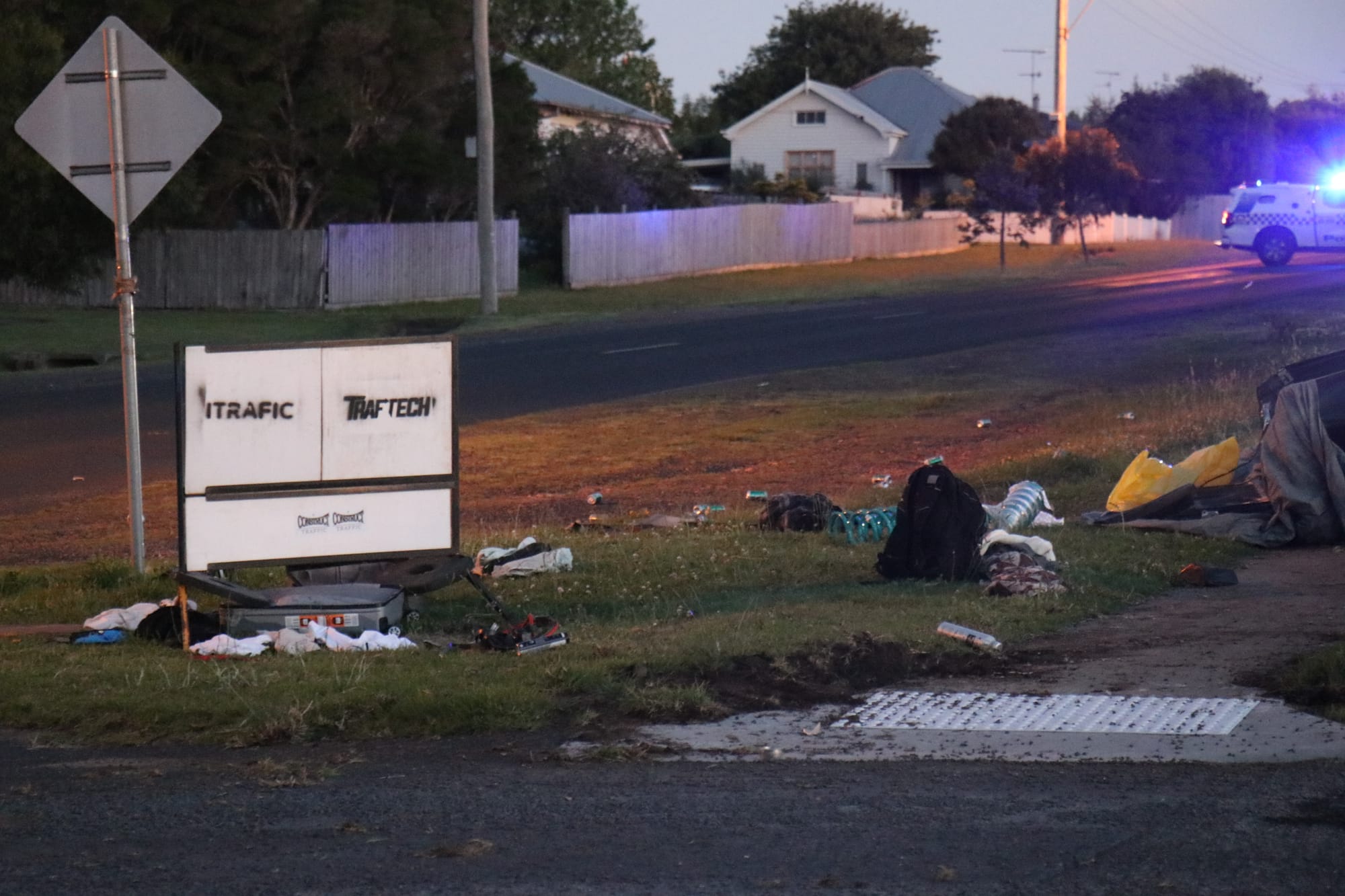 Belongings and vehicle rubble reached as far as the furthest front fence of the Wonthaggi Christian Life Centre on the eastern side of the road after the vehicle came to rest in the fence of a property on the corner of Hagelthorn and Billson streets. 