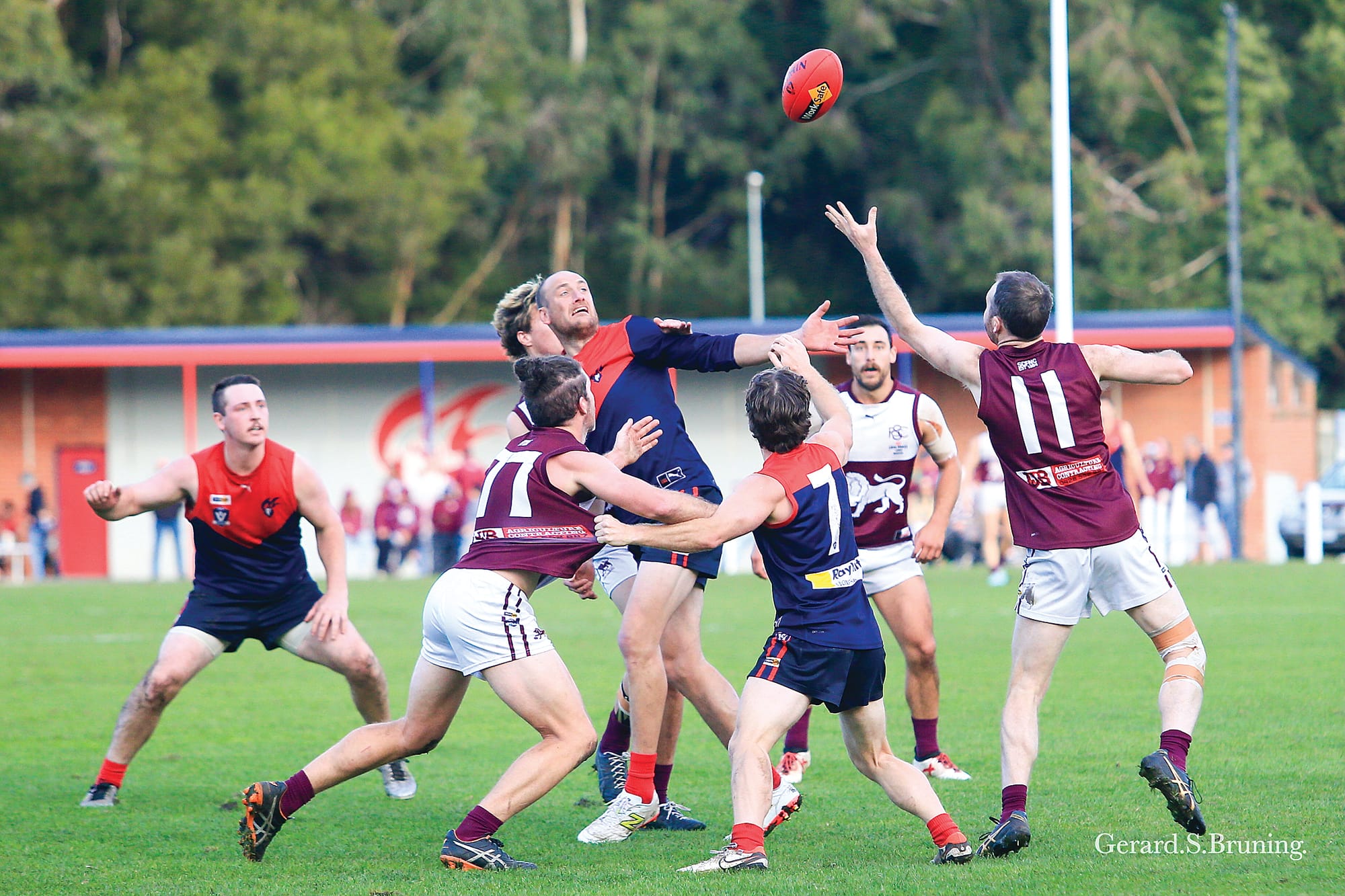 Stony Creek’s Julian Stone reaches for the footy as Lions and Demons circle for possession. Photo: G.S. Bruning.
