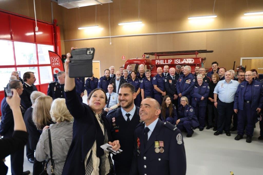 Bass MP Jordan Crugnale, who played a key role in getting State funding for the new Cowes fire station gets a selfie to remember of herself with Phillip Island CFA Captain Lino Drazzi and First Lieutenant Rhyce Davis.