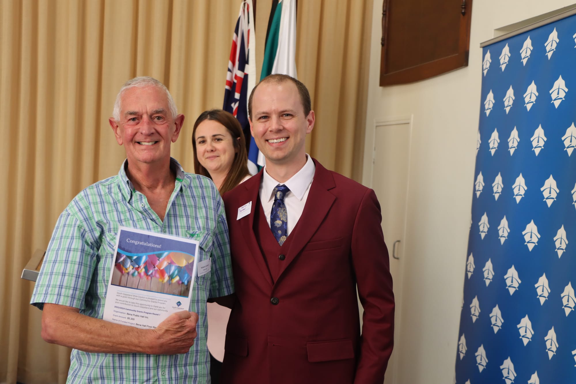 Robert Grave of Bena Public Hall Inc. with Cr Adrian Darakai.