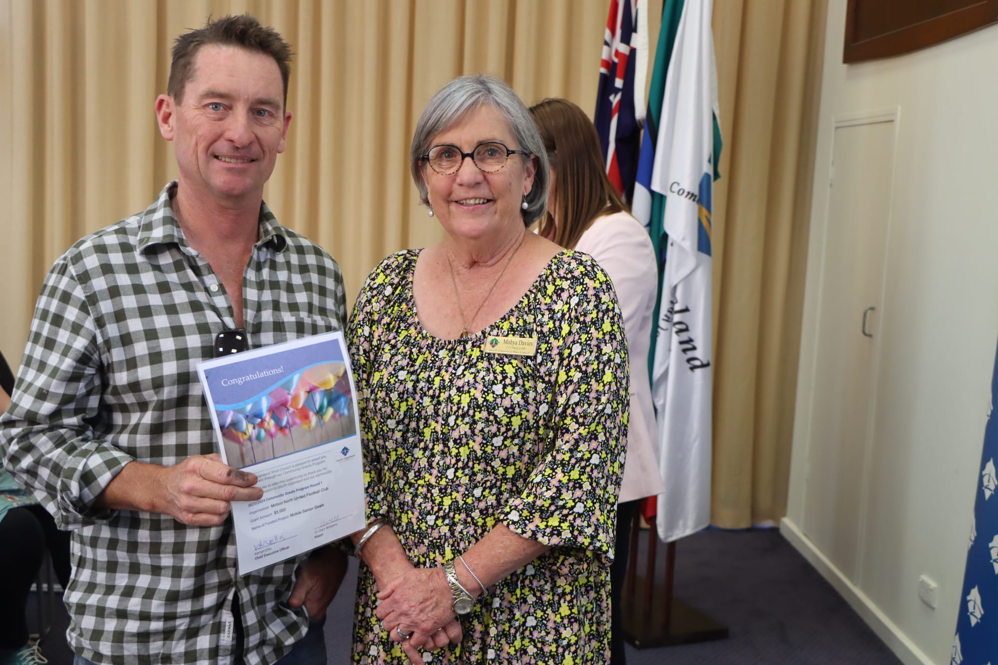 Russell Williams of Mirboo North United Football Club with Cr Mohya Davies.