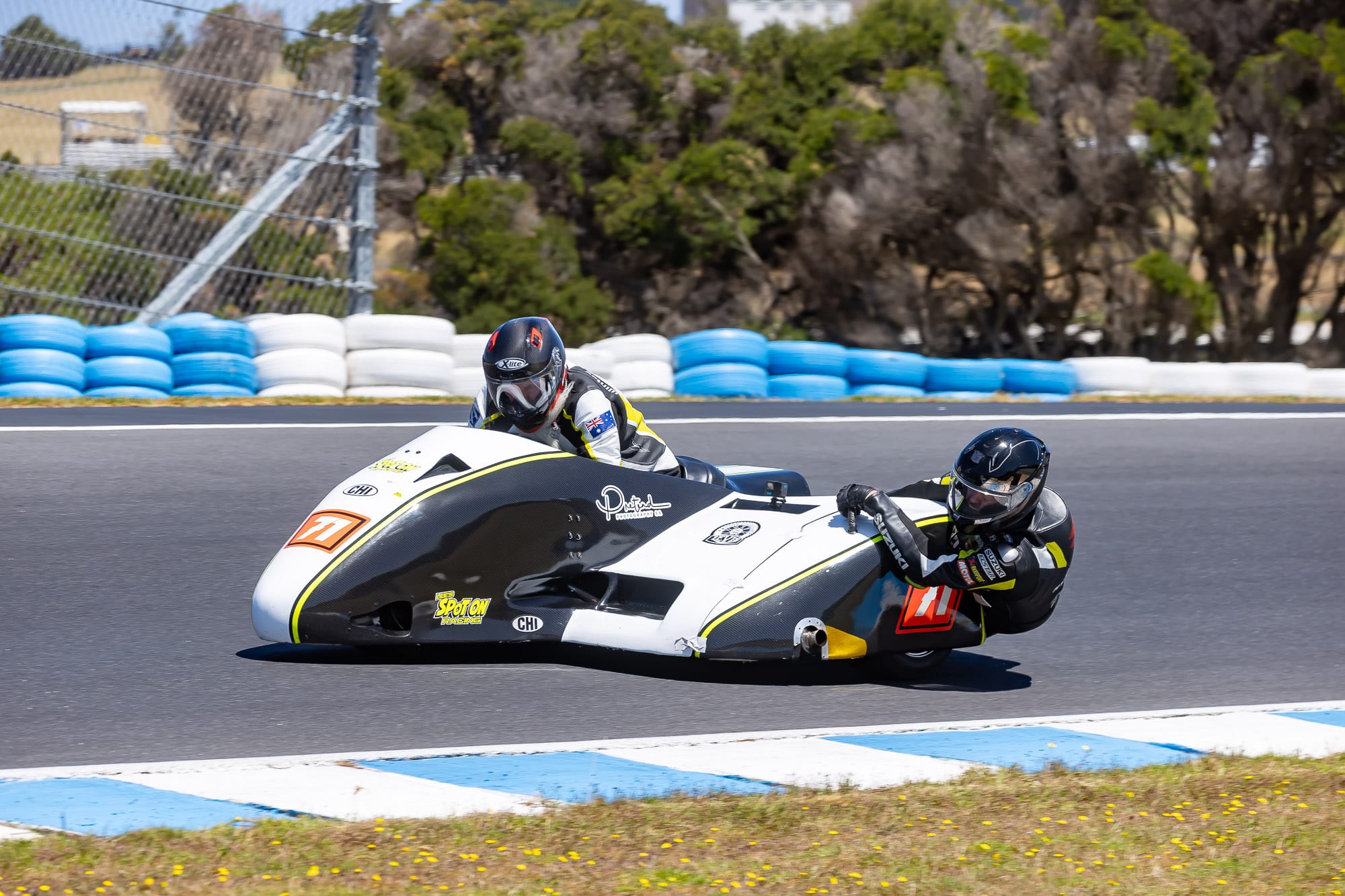 Sidecars returned to Phillip Island to contest the Australian Sidecar championship in round one. Here South Australians Anthony Shanks and Jason Whitfield round Sineria.