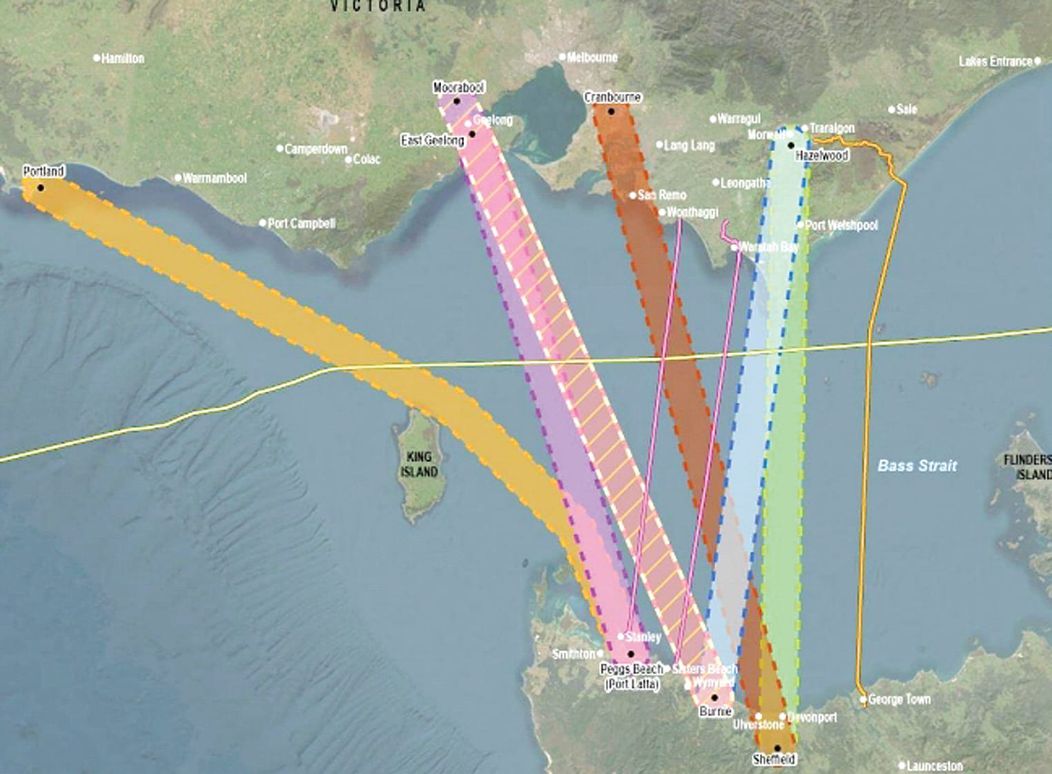 Alternative routes considered for the Marinus Link undersea and underground electricity interconnector with the preferred option coming onshore at Waratah Bay.
