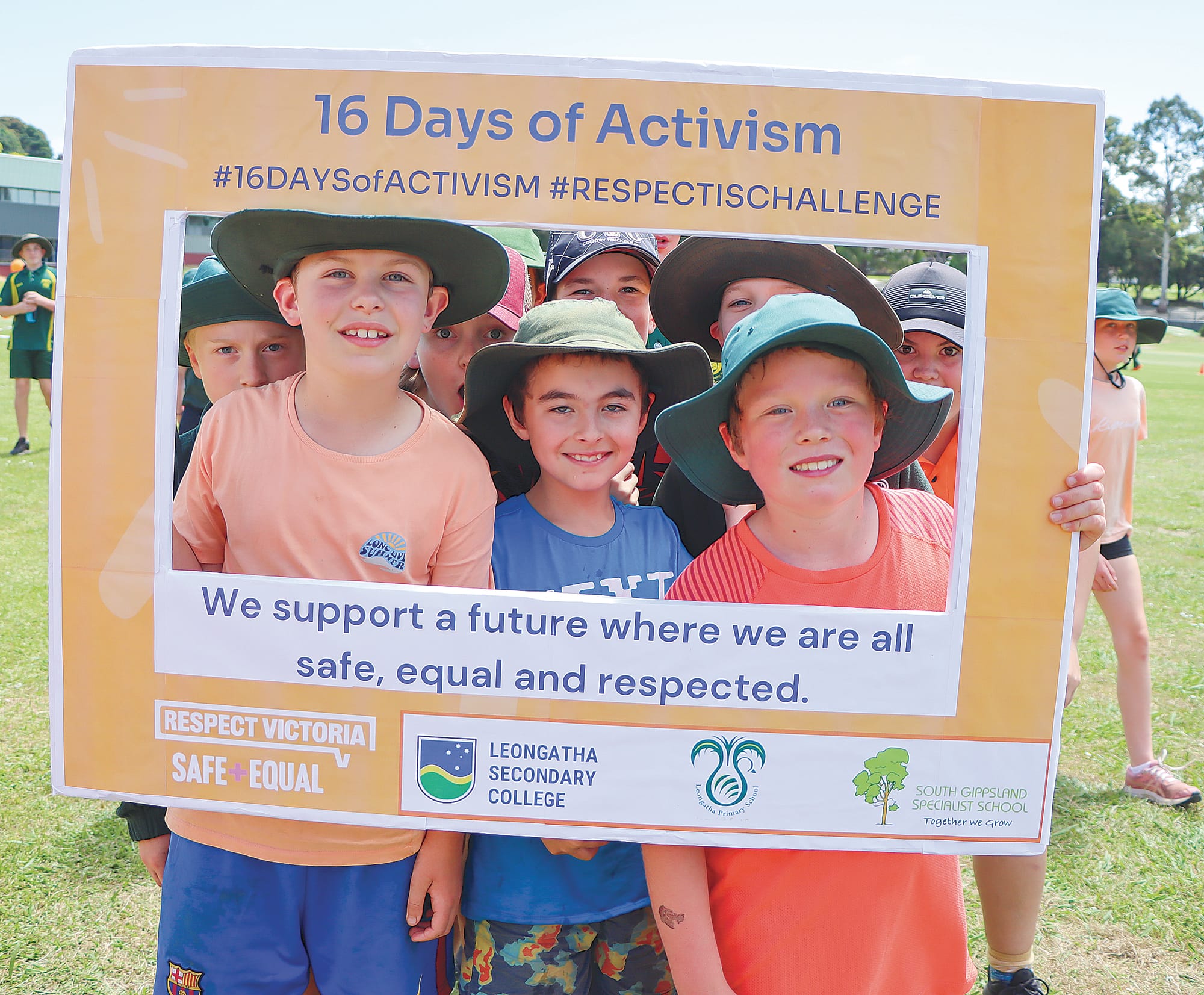 Leongatha Primary School students mark the start of the 16 Days of Activism campaign. A25_4823