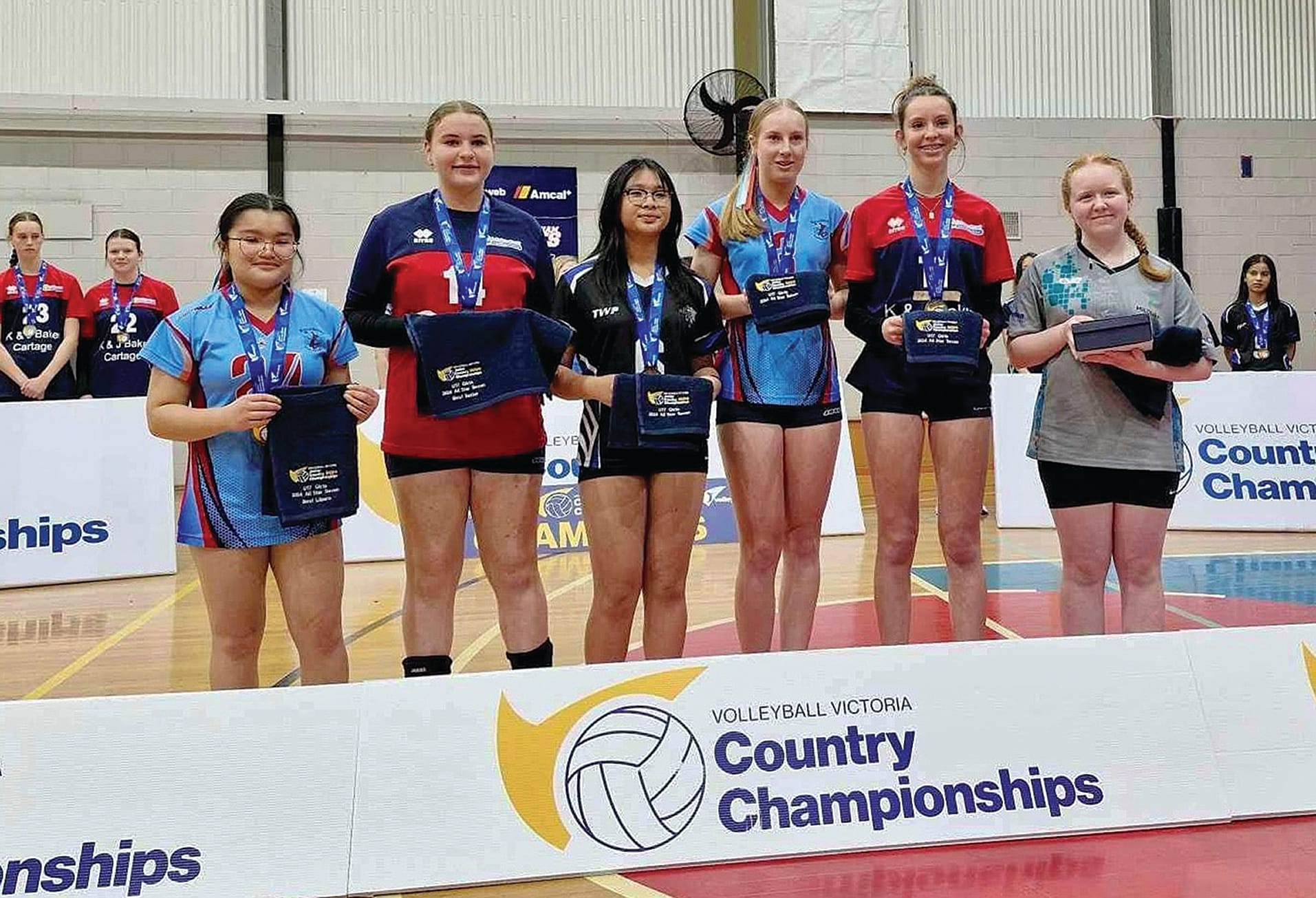 South Gippsland’s All Star 7s are Yasmin Gloria (setter and All Star 7, far left) and Natalie Churchill (captain U17 girls, third from right).