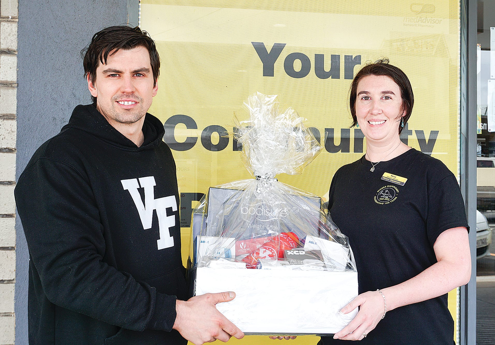 Voyage Fitness (Wonthaggi) manager Jake Hynes and Miners’ Dispensary operations manager Kerry Walker cannot wait to give Shelley Applebee her prize, who was unfortunately unwell on the day. Ns034822