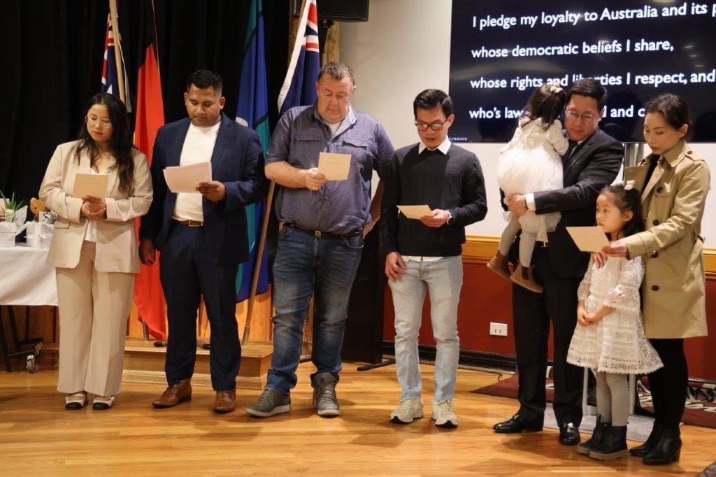 The new Australian Citizens read the Oath of Australian Citizenship at a ceremony in Wonthaggi last Thursday night.