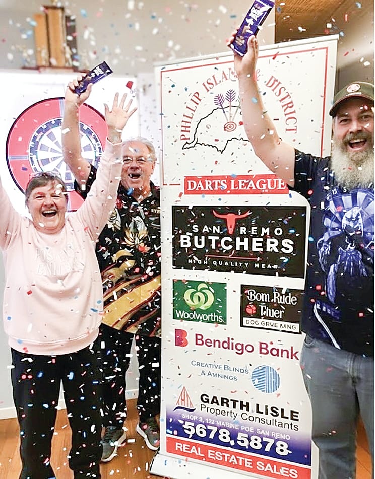Marilyn, Vince and Paul celebrated their recent win in Phillip Island and Districts Darts League’s Spring Series. 
