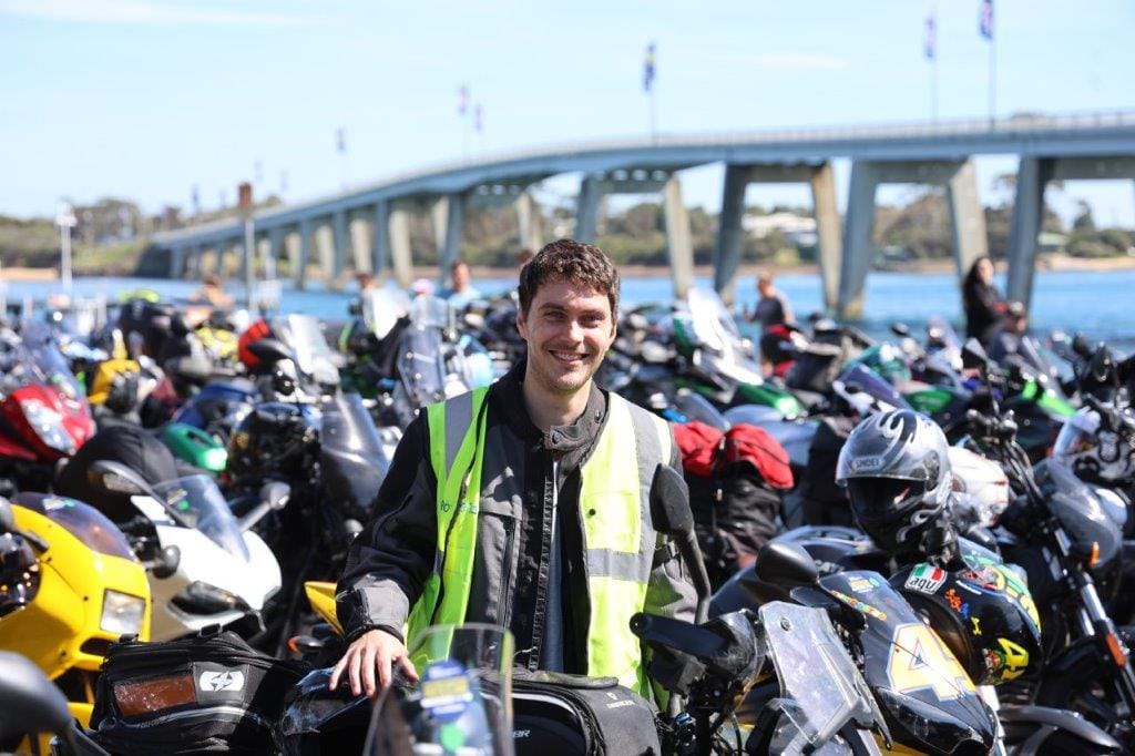 A face in the crowd of bikes at San Remo, ahead of the Homecoming Ride, limited to 500 riders, is Justin De Waal of Melbourne and his KTM 390 adventure bike which he has ridden on several adventures into outback NSW and some rugged country in Victoria.