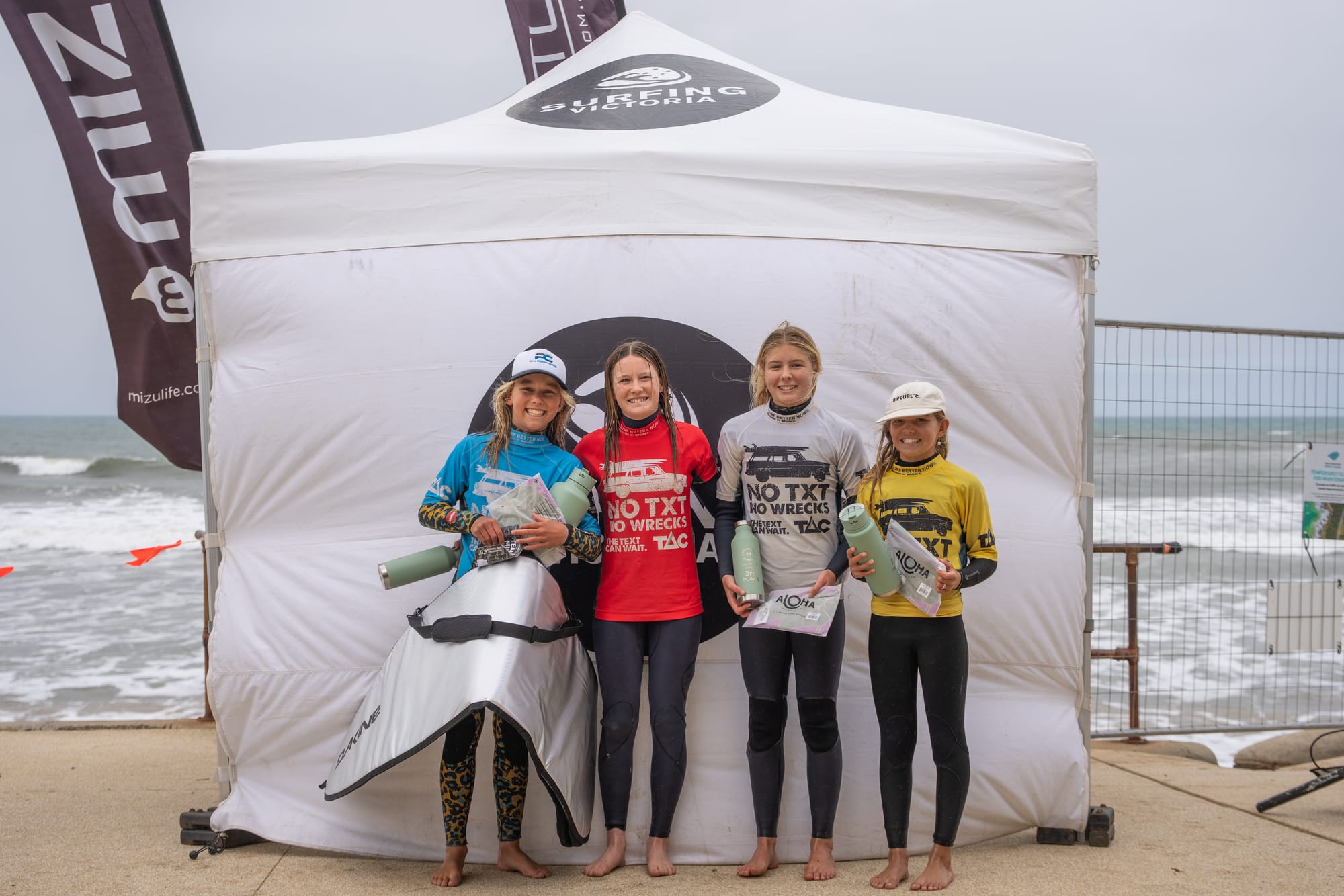 Stevie O’Day (Torquay) finished first, Estella Carbonelli (Jan Juc) in second place, Scarlett Rennie (Phillip Island) in third, followed by Sophie Day (Rye) in fourth. Photo: Ange Zorica / Surfing Victoria.