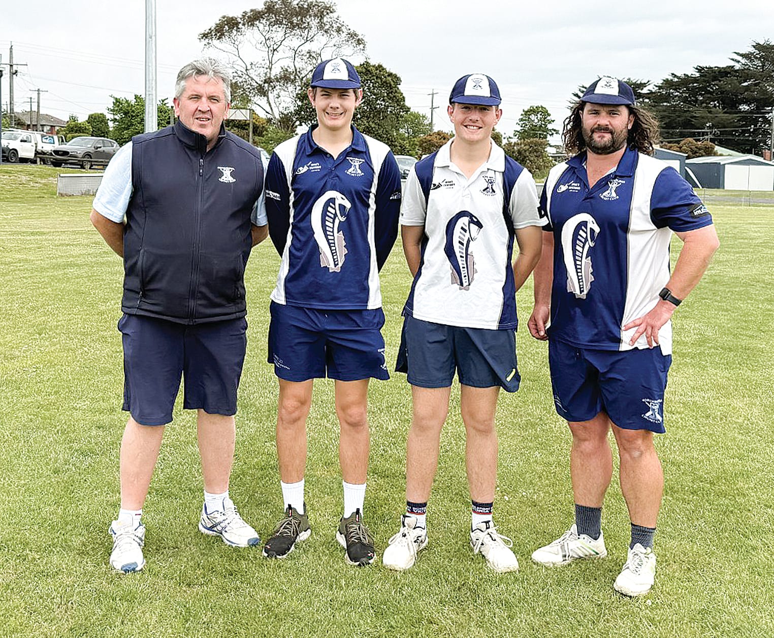 Korumburra Cricket Club’s Glen Barrett (far left) and Mitch Young (far right) presented Rueben Foster and Jayden Douglas with their A Grade caps. Glen and Mitch coached Rueben and Jayden in juniors. 