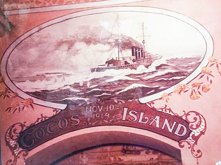 One of the long-since-painted-over murals in Leongatha Memorial Hall depicted the WWI Cocos Island sea battle between HMAS Sydney and SMS Emden.