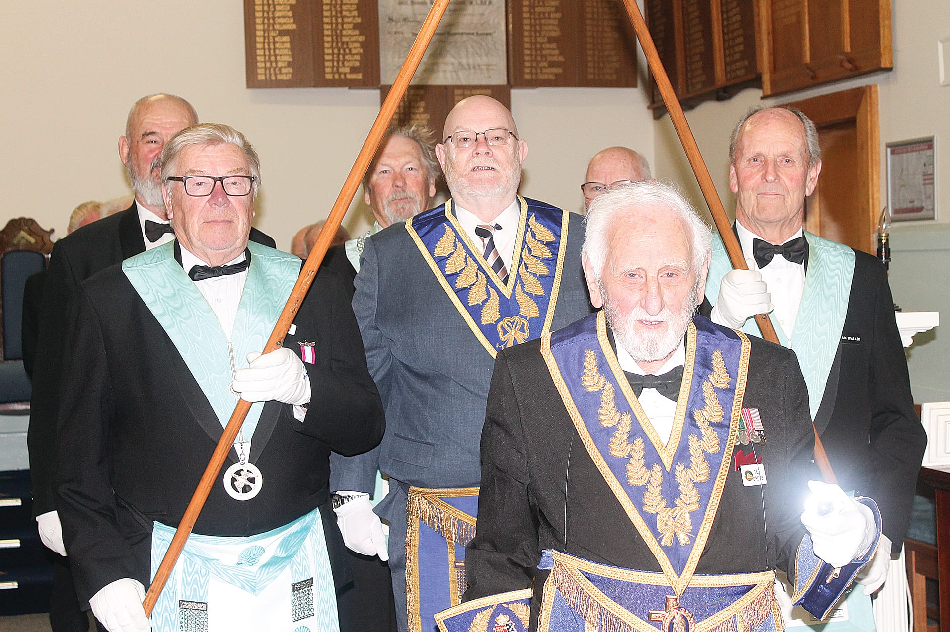 Ceremonial closing procession of a Freemasons’ meeting led by Graeme Parry, Worshipful Master Woolamai Daylight Lodge and Tony Heppleston, Worshipful Master Phillip Island. B07_4125