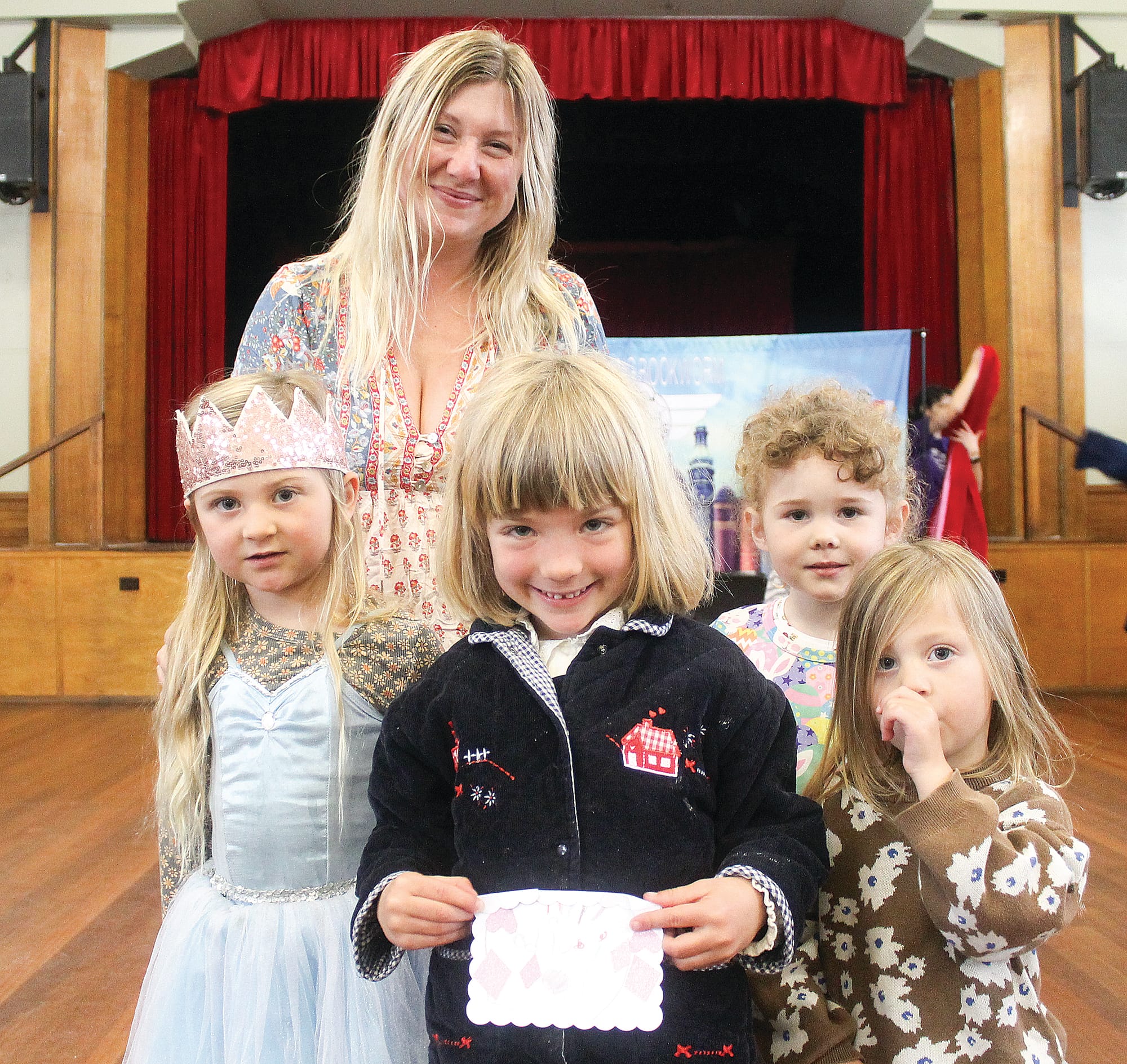 Sarah, Odie, Rose, Marlo and Finley at the Meeniyan Town Hall for a morning of storytelling by the Flying Bookworm educational theatre company. B45_4325