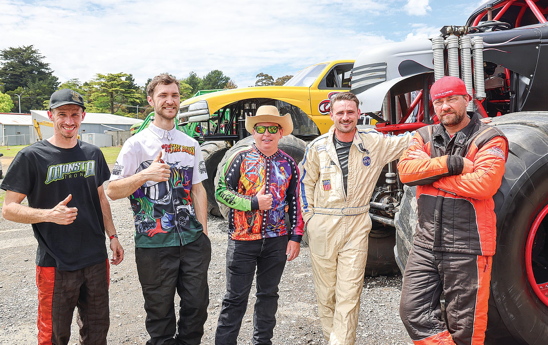 Monster truck drivers Pat Paquet better known as PsychoPAT, Jarryd Xuereb, Ryan Ciszek and Kevin King, ready for action in the Monster X Tour at the Korumburra Showgrounds. B43_4625